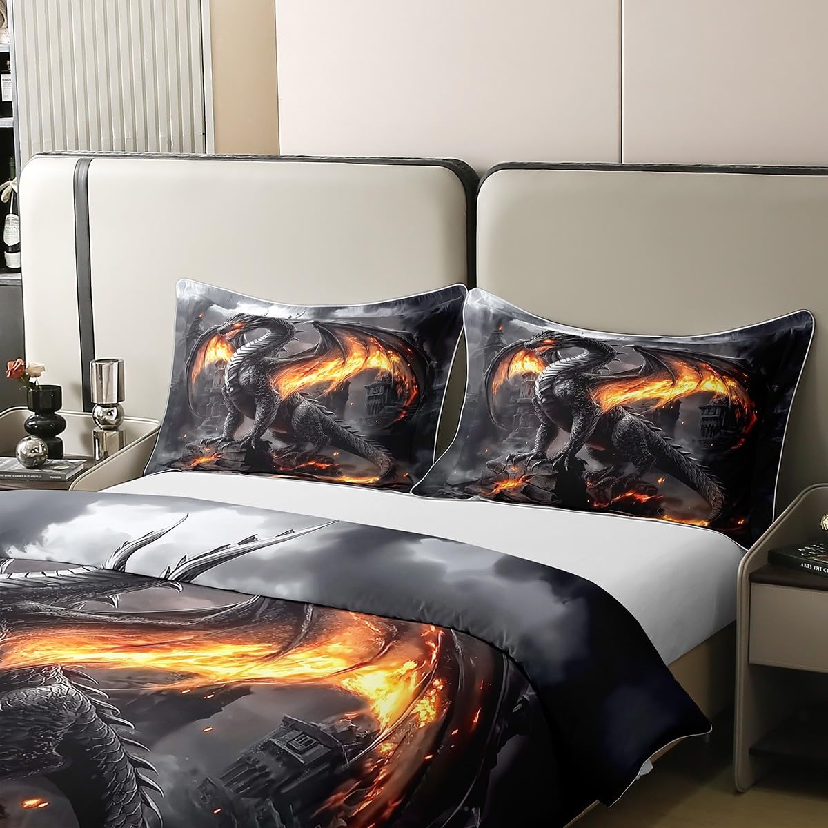 Flamme Drache 100% Baumwolle Bettbezug 135x200 für Kinder Teenager Krieg Wildtiere Bettwäsche Set Magische Fantasie Feuer Drache Tröster Abdeckung Gemütlich Grau Dekorative Alte Wildtiere Bett Set