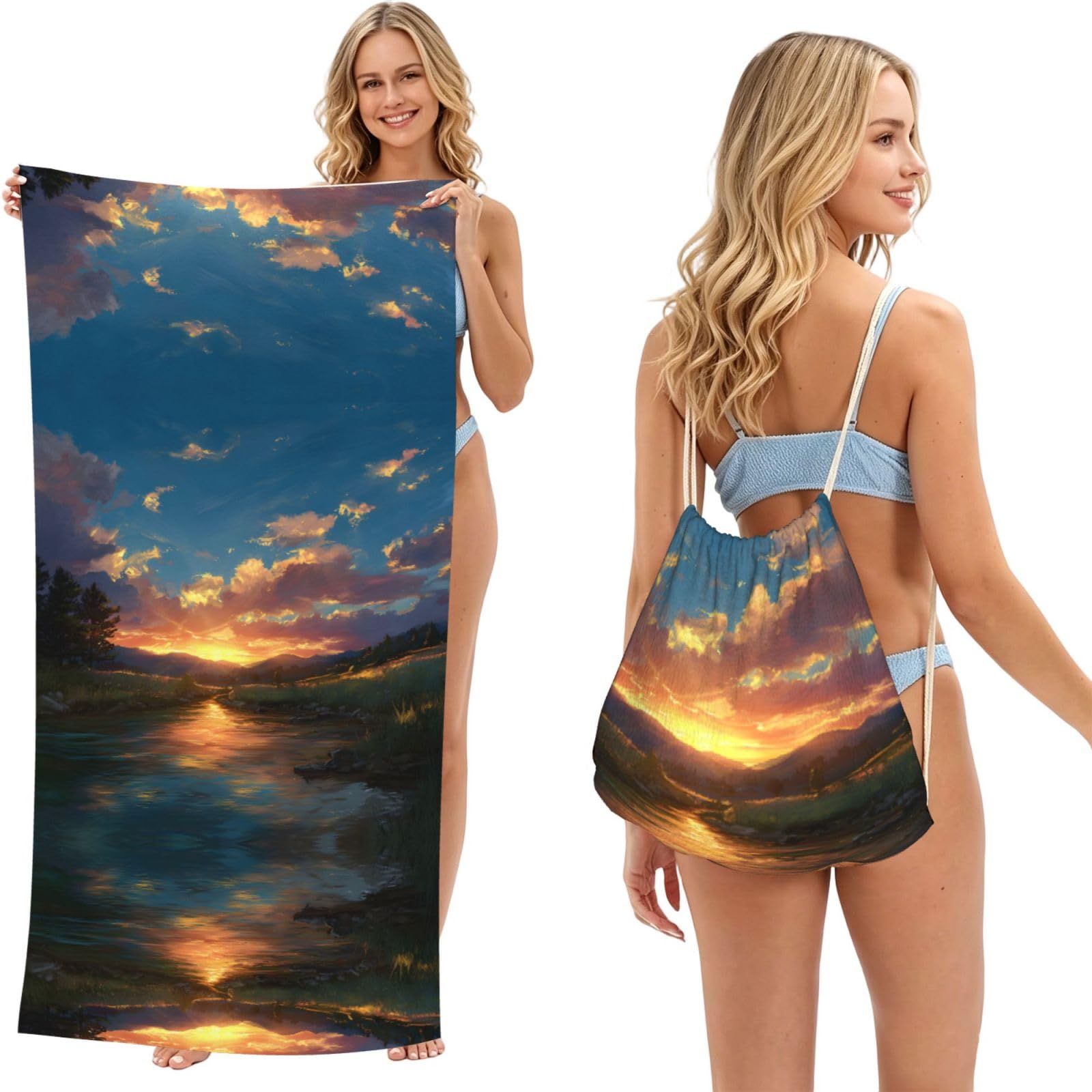 ESNAIUVCD Summer Sunset Print Beach Towel For Adults,Towel With Drawstring Bag, Travel Pool Swimming Sports Shower Sand Free Quick Dry Bath Towel For Pool, Beach, Yoga- 180x60cm