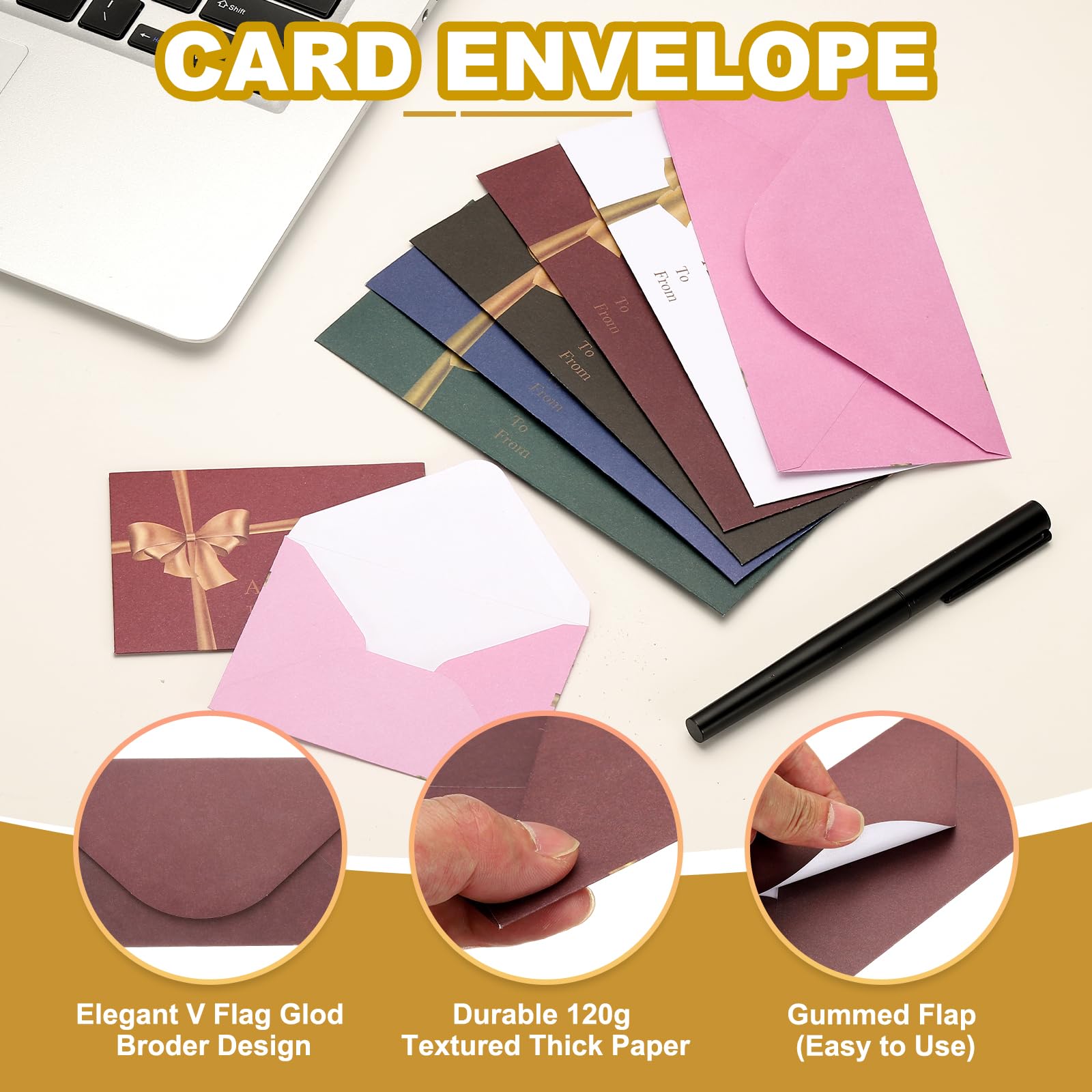 PATIKIL 100Pack Mini Envelopes, 4x3 Card V Flap Small Business Card Envelopes with Gold Ink Pen for Office Wedding Invitations Graduation Party Gift, Green - Image 3