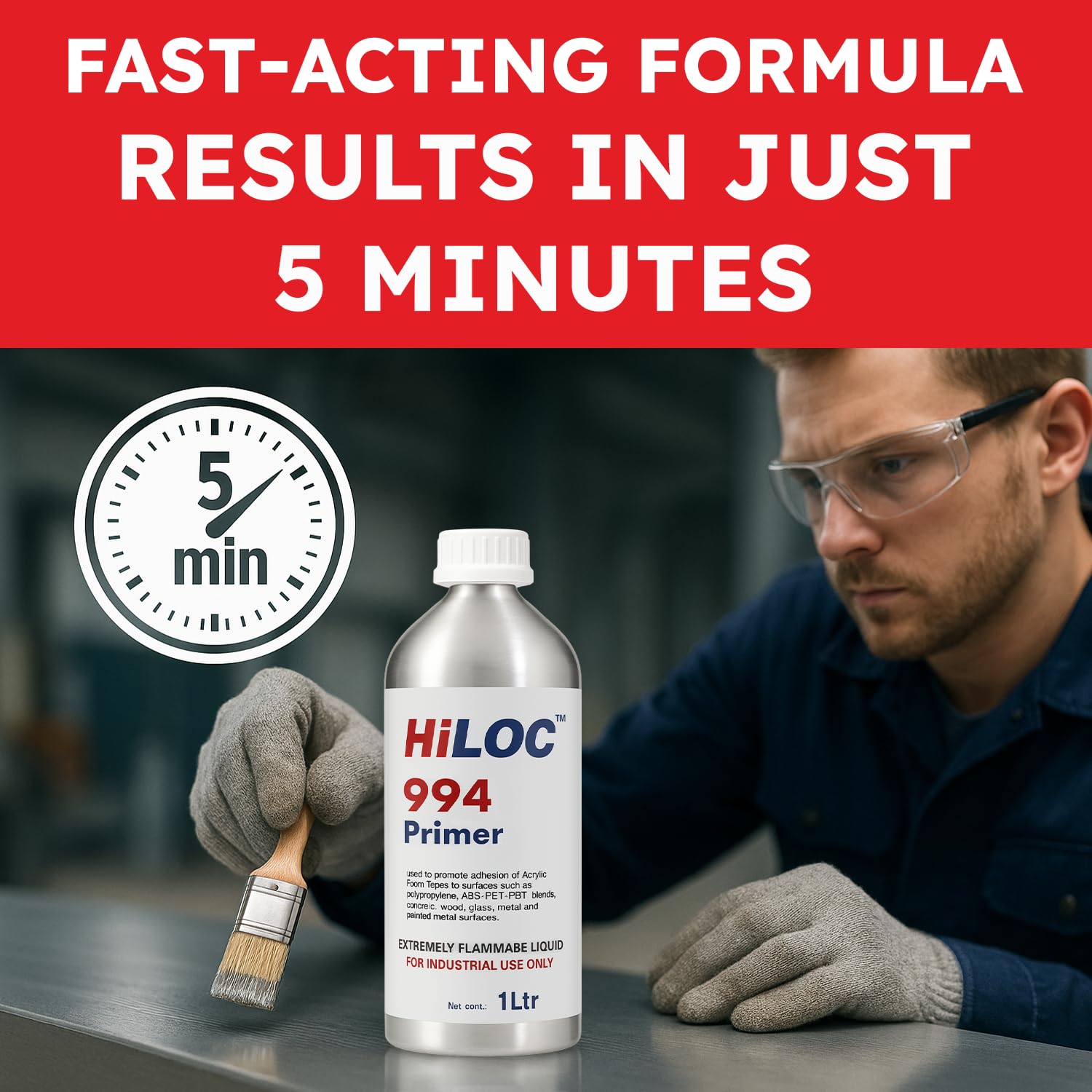 HiLOC 994 Acrylic Tape Primer, 1 Ltr, For Polypropylene, ABS, Metals, Concrete, Wood, Glass, & Painted Metal Surfaces, Flammable Liquid With Screw-Top Lid 2