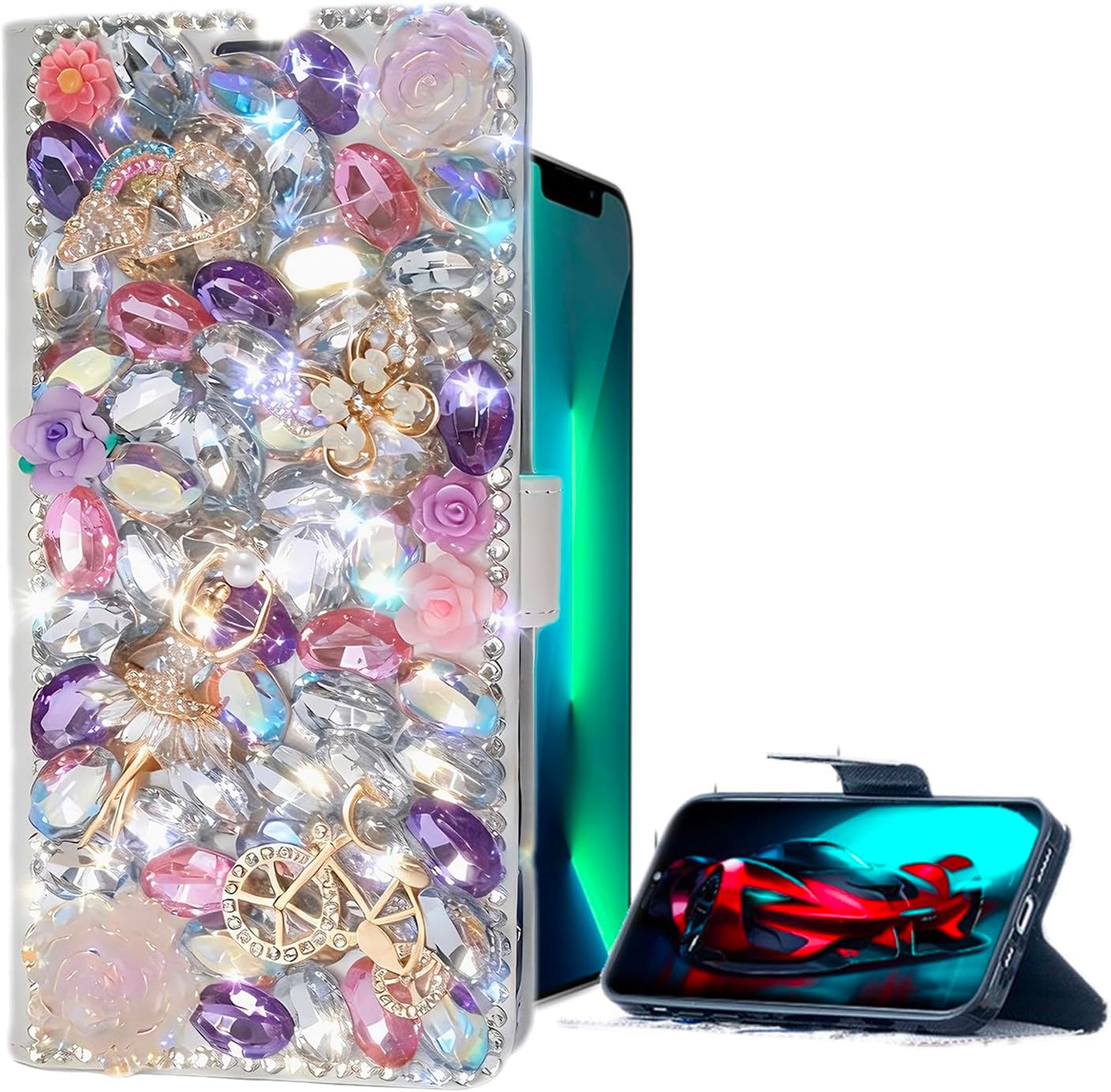 Glitter Design Wallet Phone Case for iPhone 16 Pro Max - Women Elegant Bling 3D Embossed Handcrafted PU Leather Shockproof Anti-Scratch Protective Cover - Clear Wallet With Colorful Gems