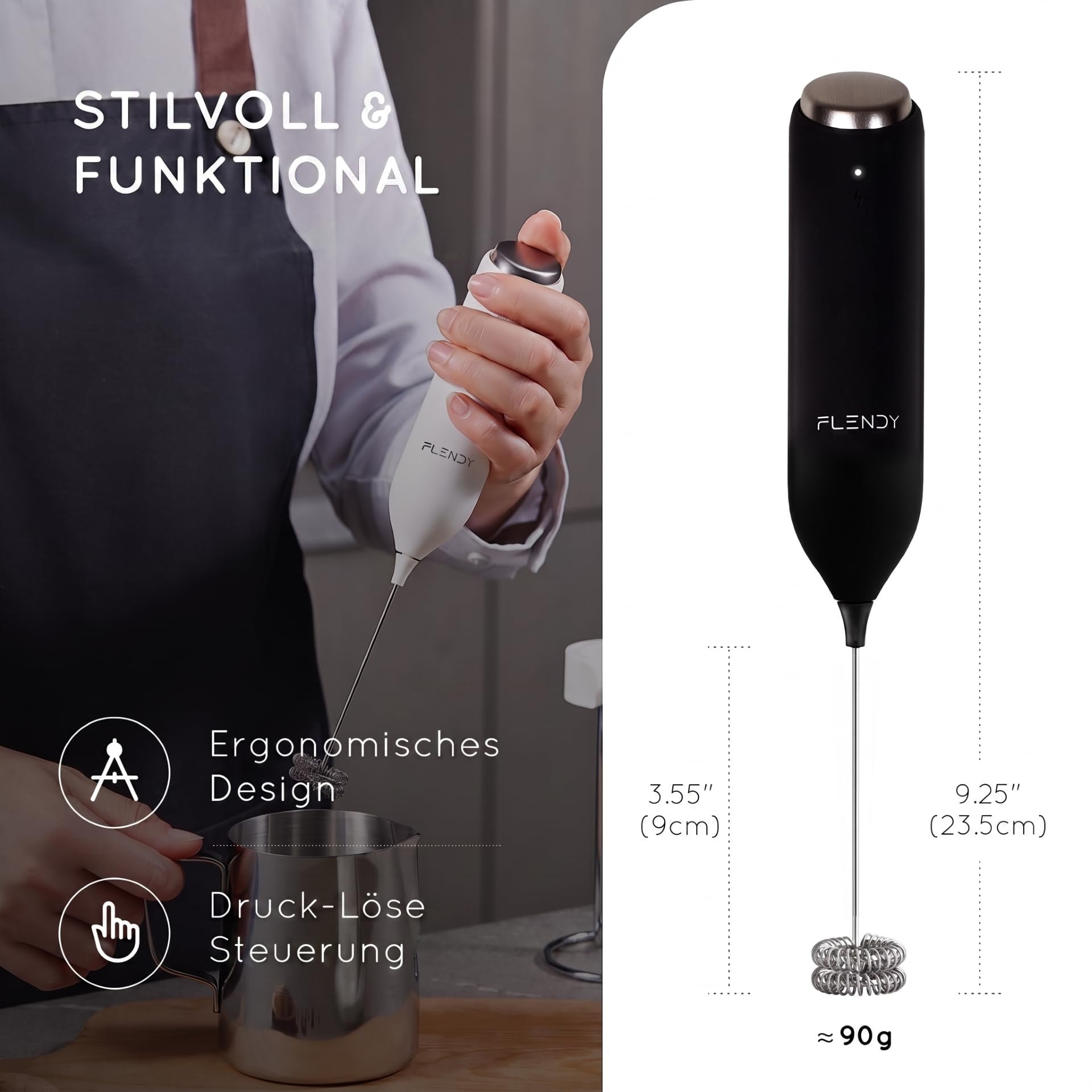 Flendy Wiederaufladbarer Hand Milchaufschäumer Stab, Aufschäumer Stab mit USB-C Ladehalterung, Mini Milchaufschäumer elektrisch Stab Aufladbar für Kaffee, Matcha, Proteinshake, usw.