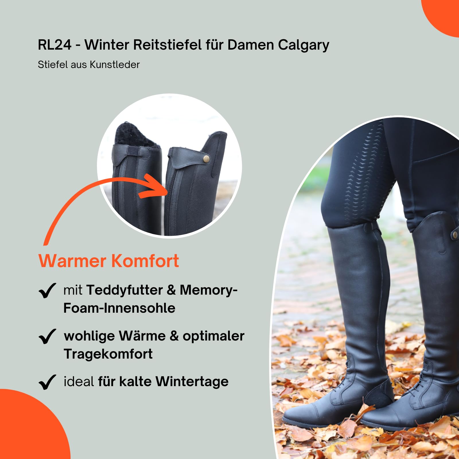 RL24 - Winter Reitstiefel für Damen Calgary – warme Damenstiefel zum Reiten – Stiefel aus Kunstleder mit Teddyfell & Reißverschluss – Winterstiefel in schwarz – Größe 36-42