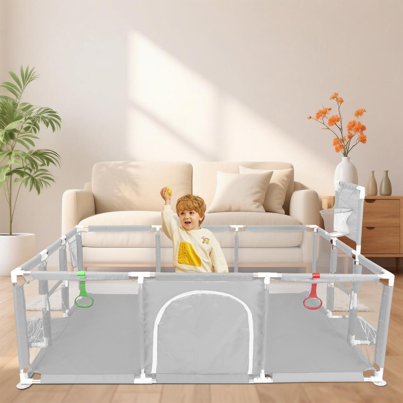Box per bambini, in tessuto Oxford, recinzione per bambini, 50 palline, 4 anelli, 180 x 120 x 66 cm, grigio chiaro