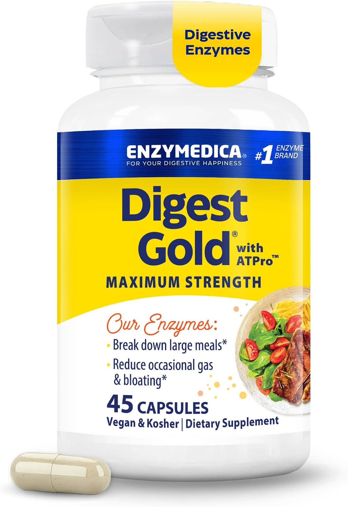 Digest Gold + ATPro | Maximum Strength Digestive Enzymes & Breaks Down Carbs, Fats, Fiber & Protein & Reduces Gas & Bloating, Converts Food to Energy | 45 Capsules
