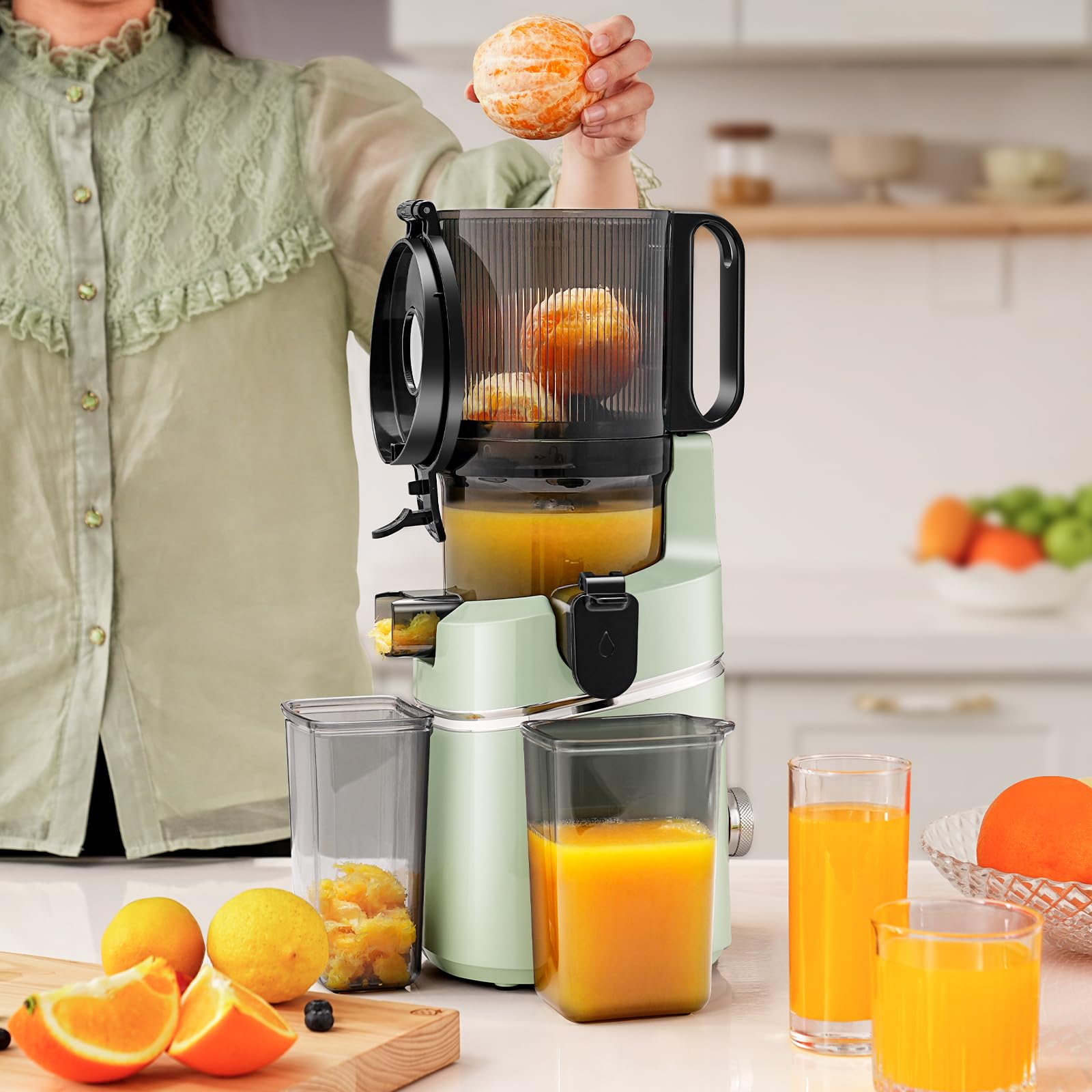 AMZCHEF Extractor de jugo automático con manos libres, apertura de 135 mm y capacidad de 1,8 L, extractor de zumo de frutas y verduras enteras, extractor de jugo lento de 250 W con triple filtro-Verde
