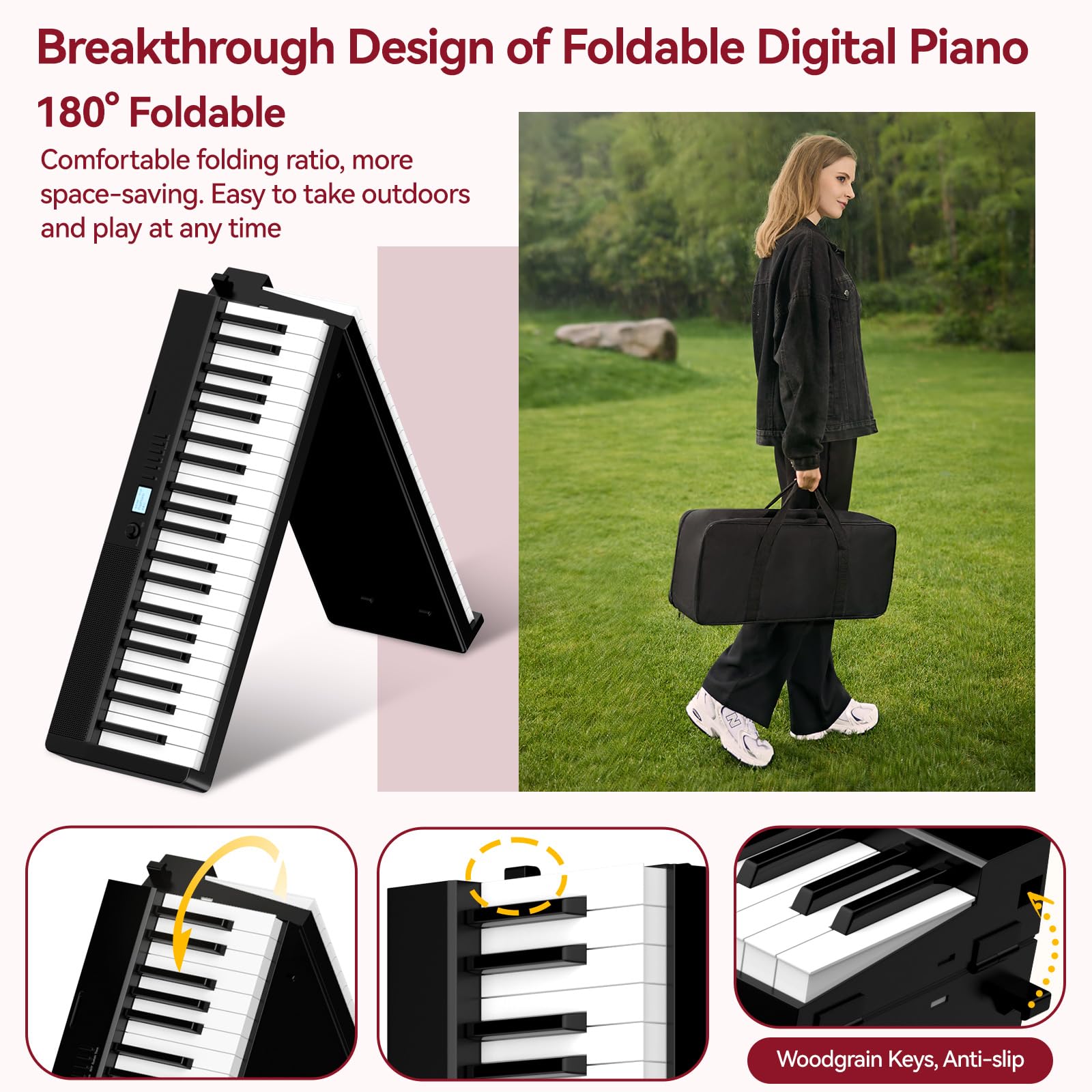 TERENCE Piano numérique, 88 touches lestées, batterie 1800 mAh, Haut - parleur 2 * 5W, pliable et portable, support Bluetooth et interface midi Noir