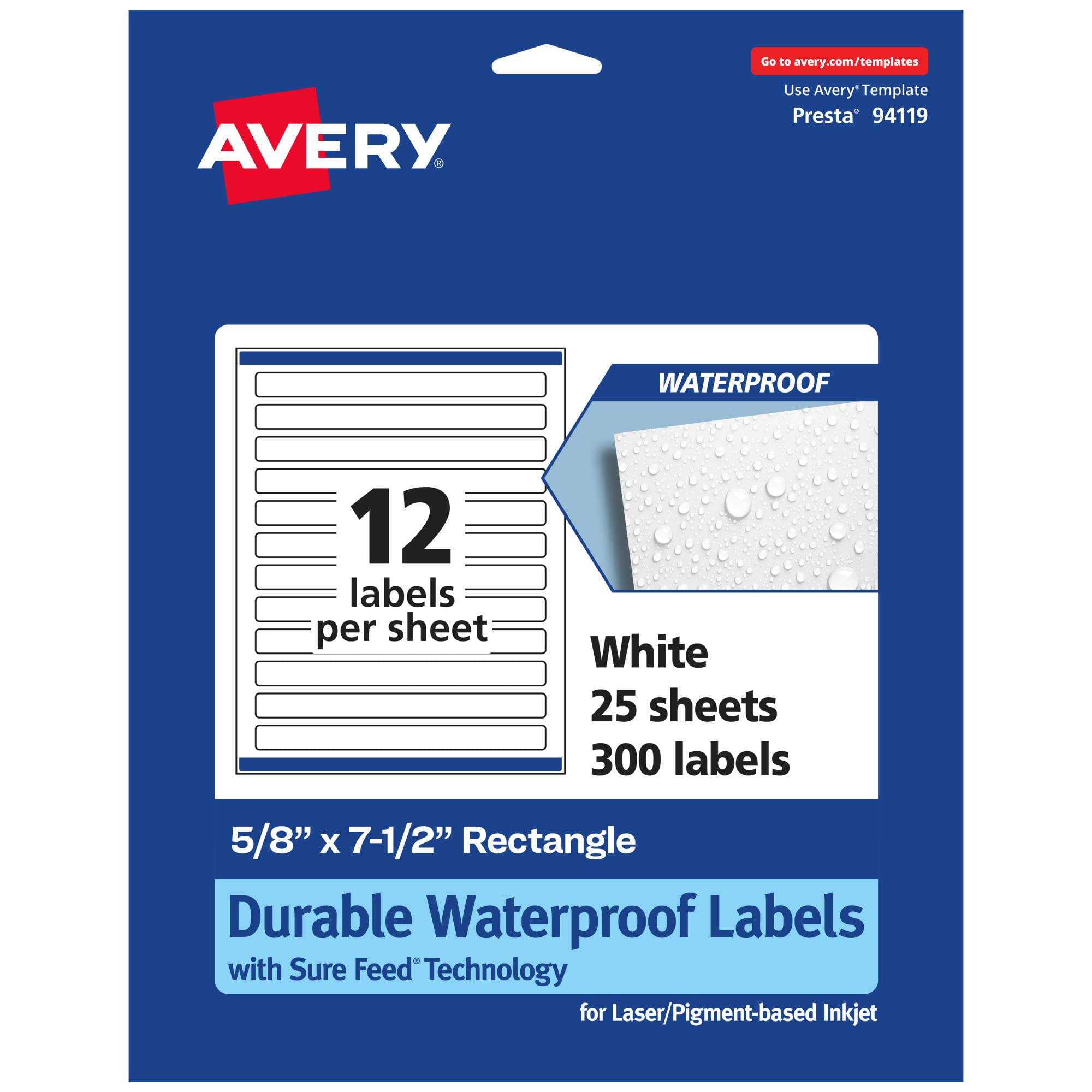 Avery Durable Waterproof Rectangle Labels, Sure Feed Technology, 5/8" x 7-1/2", 300 Total, Oil and Tear-Resistant Waterproof Labels, Print-to-The-Edge