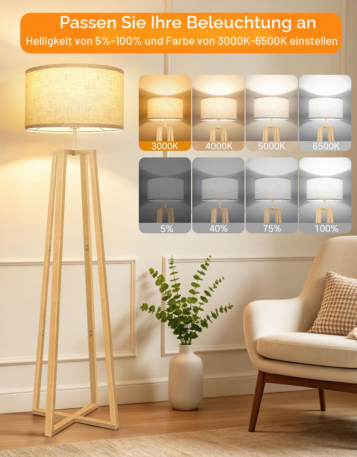 OUTON Dreibein Stehlampe Holz mit Fernbedienung, Dimmbar | 1100LM LED, 3000K-6500K, Leinen Lampenschirm, Massivholz, Timer, Memory Funktion, Fußschalter