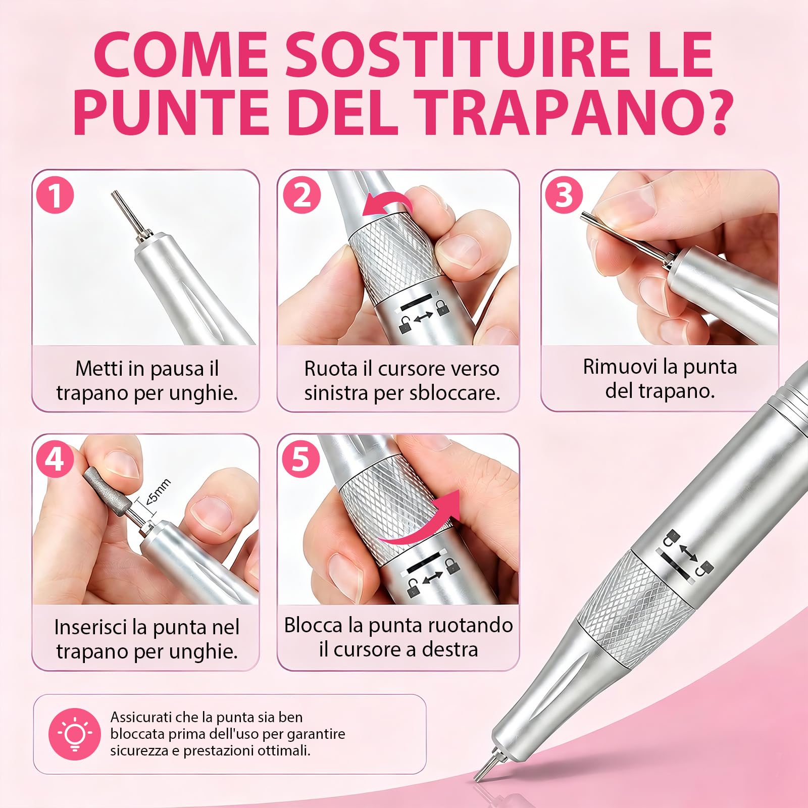 Taladro Eléctrico para Uñas Profesional, 50000 RPM, Kit de Lima Eléctrica Portátil Recargable – Uñas de Gel Acrílico, Cuidado de Pies & Pulido, Taladro para Uñas Inalámbrico para Casa & Salón(Rose)