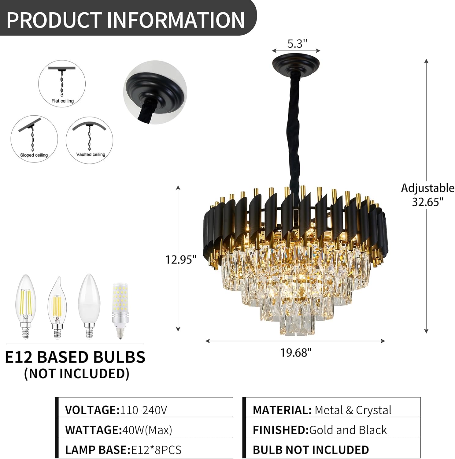 Black Crystal Chandelier, 20 Inch Black and Gold Pendant Light 4-Tier with K9 Crystals Chandeliers for Dining Room, Bedroom, Kitchen Island, Entryway