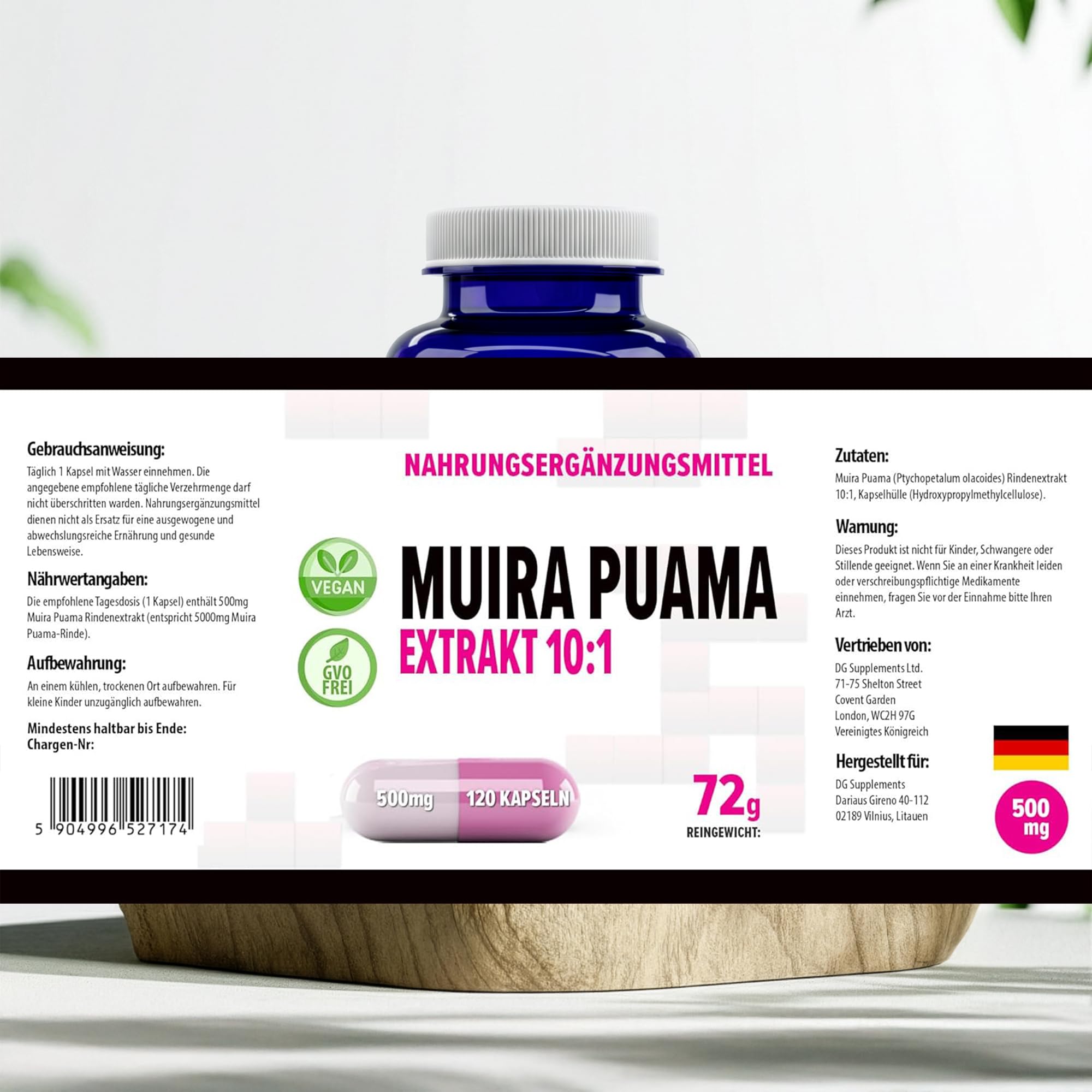 Hepatica Muira Puama (Ptychopetalum Olacoides) 5.000 mg Äquivalent | 500 mg 10:1 Rindenextrakt hochdosiert | 120 vegane Kapseln | GMP & Laborgeprüft