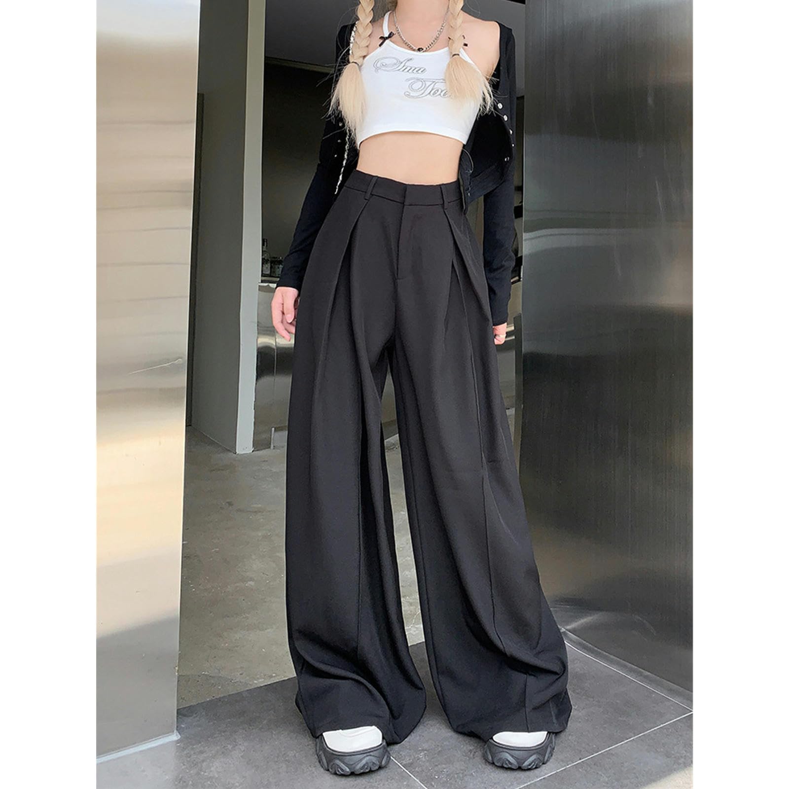 Pantalone Donna Pantaloni Sciolti Pantaloni Casual Pantaloni A Gamba A Gamba Ad Alta Vita Pantaloni Ridotti-Grigio-m