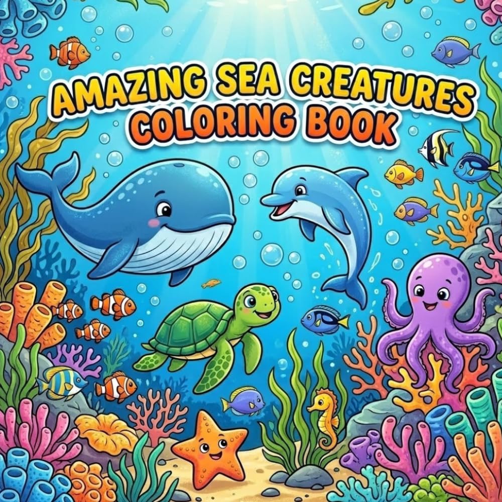 Amazing Sea Creatures: “A fun and educational coloring book for kids ages 4-8, featuring dolphins, whales, turtles, octopuses, starfish, seahorses, ... to learn, color, and explore the unde
