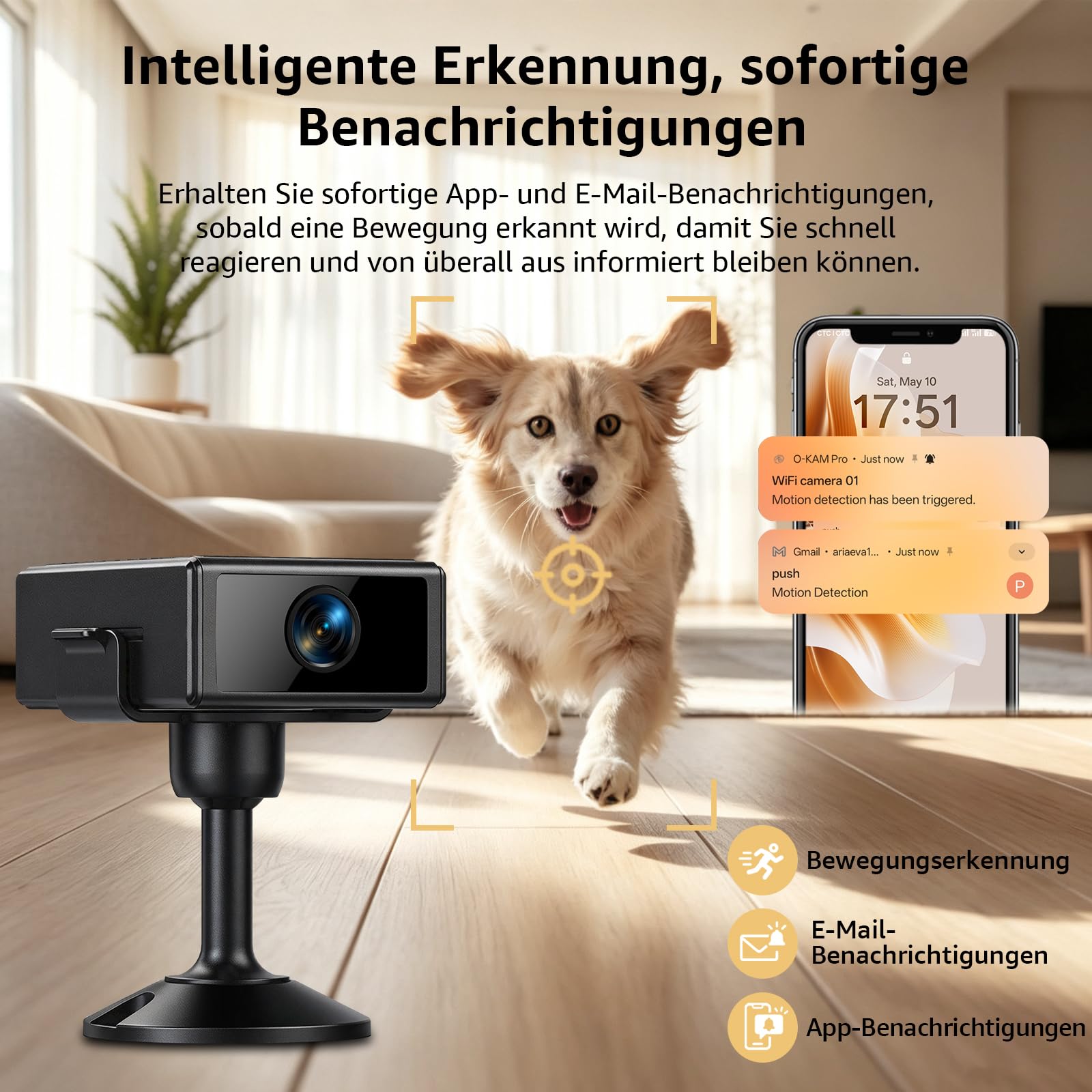 Mini Kamera 4K WLAN, Kleine Kamera für Innenräume mit Nachtsicht, Bewegungserkennung & App-Benachrichtigungen, Live-Ansicht, Cloud- & Micro-SD-Speicher, Überwachungskamera für Zuhause und Büro