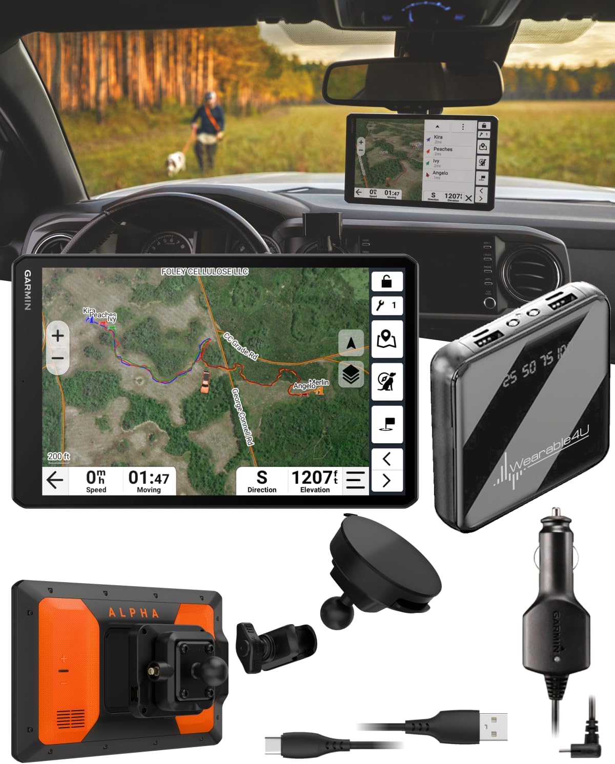 Garmin Alpha XL in-Vehicle Dog Tracking GPS Navigator, 10.1” Touchscreen, VHF Radio for 9-Mile Range, Tracks up to 20 Dogs, 64 GB Memory, Preloaded Maps, 18 Training Levels w/ Wearable4U PBank Bundle