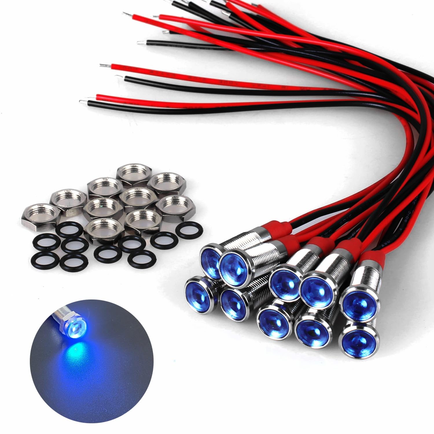 DMWD 10Pcs 6mm (1/4") 12V-24V AC/DC 20mA Meatl LED Indicator Light Wide Flat Head Waterproof Signal Lamp Pilot Dash Directional with Wire（Blue LED