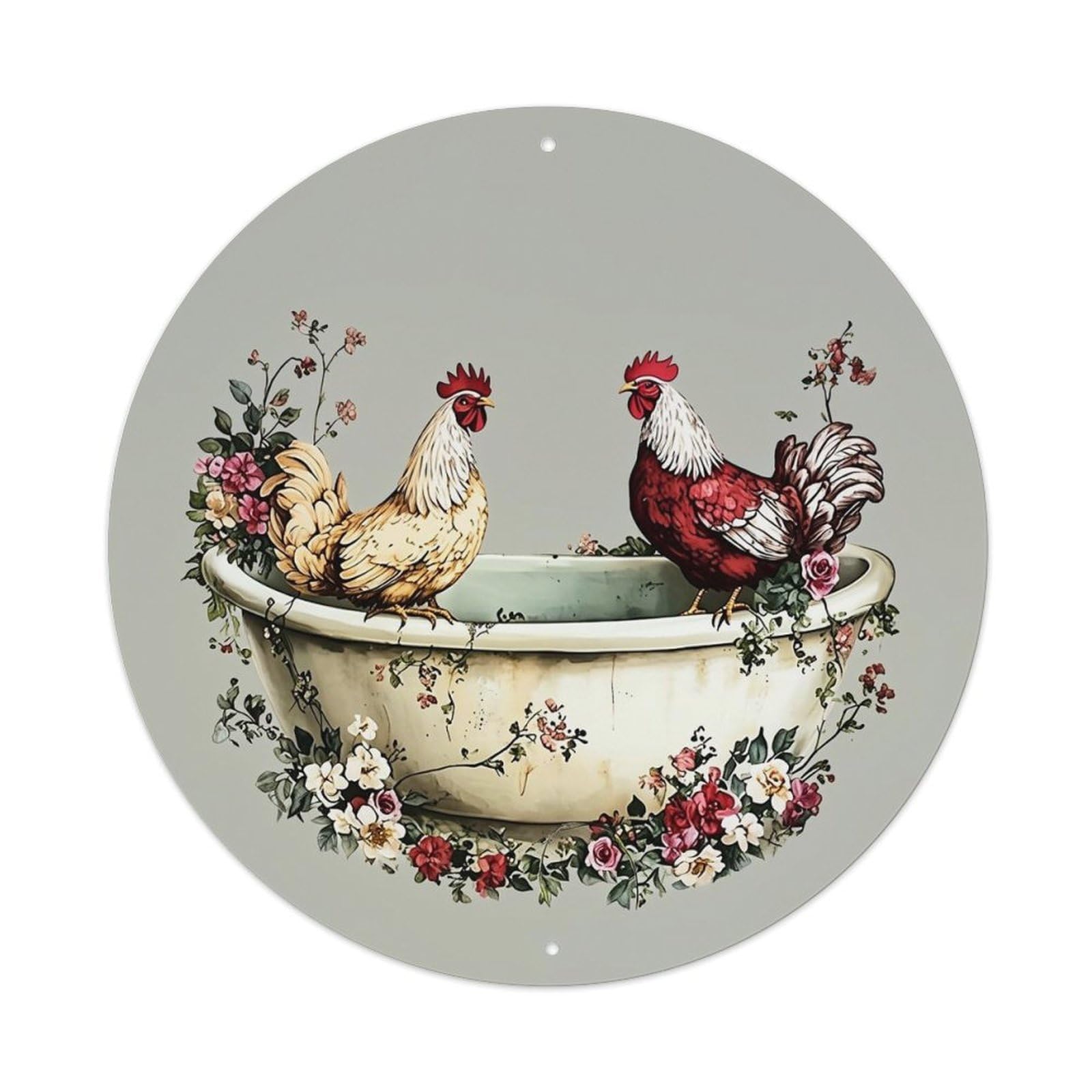 Roosters In Floral Bathtub Design Tin Sign Metal Poster Vintage Metal Signs for Home Man Cave Bar Cafe Kitchen laundry room Wall Decorations 8x8 inches