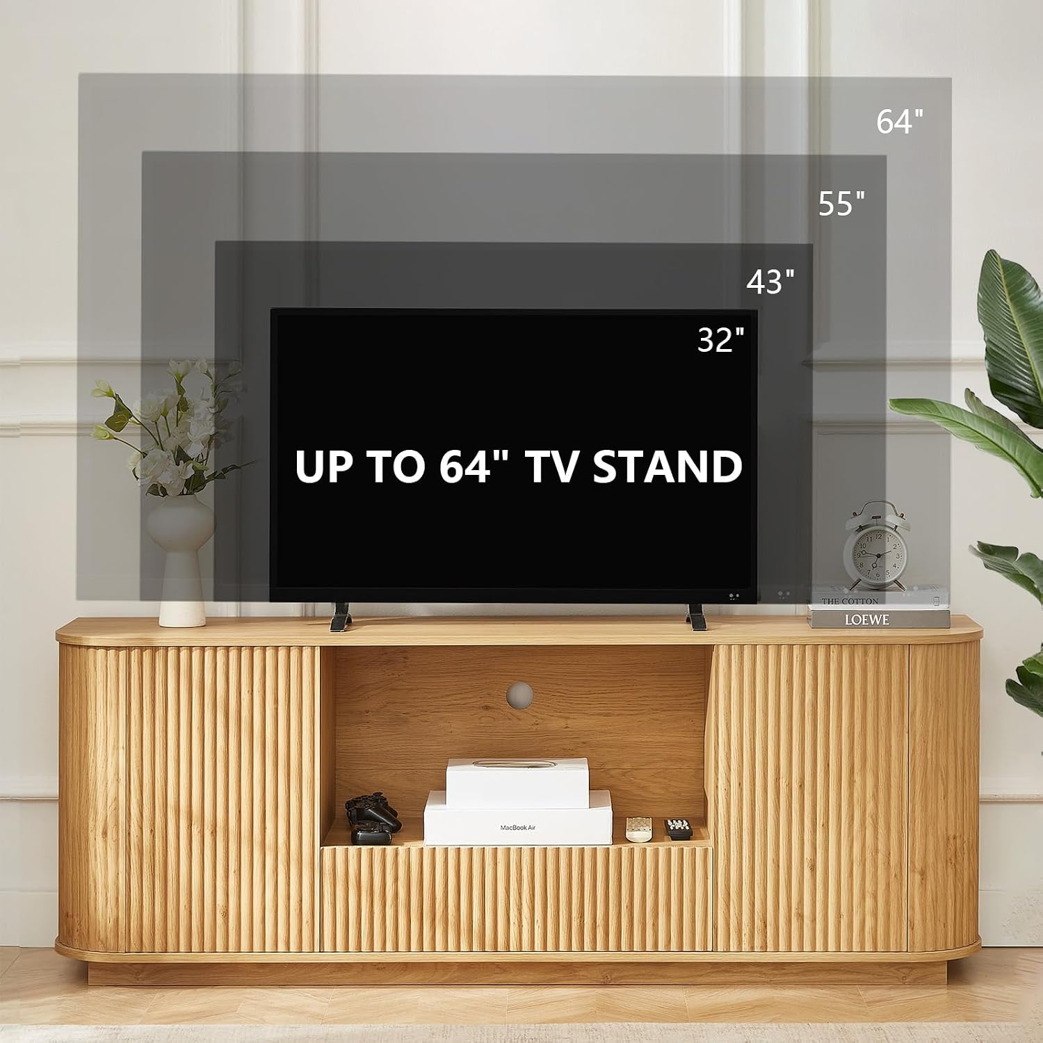 64" Fluted TV Stand for TVs up to 75 inch, Entertainment Center with Storage Cabinet and Drawer, Wood TV Console Television Furniture with Adjustable Shelf, Media Console for Living Room, Bedroom