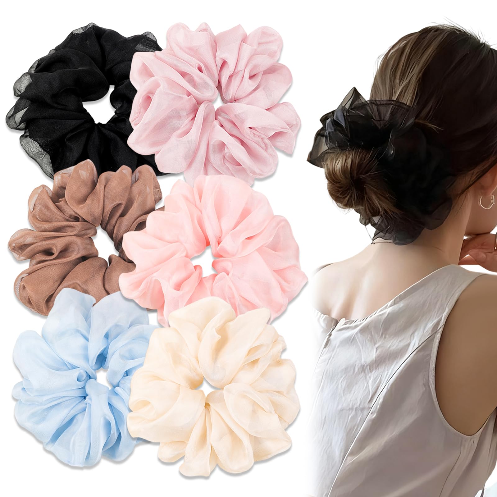 Muiltvoe 6 PCS Oversized Scrunchies Soft Ponytail Holders Elastic Hair Scrunchy Soft and Silky Hair Ties Fluffy Hair Accessories Multicolor for Women and Girls for Thick Hair