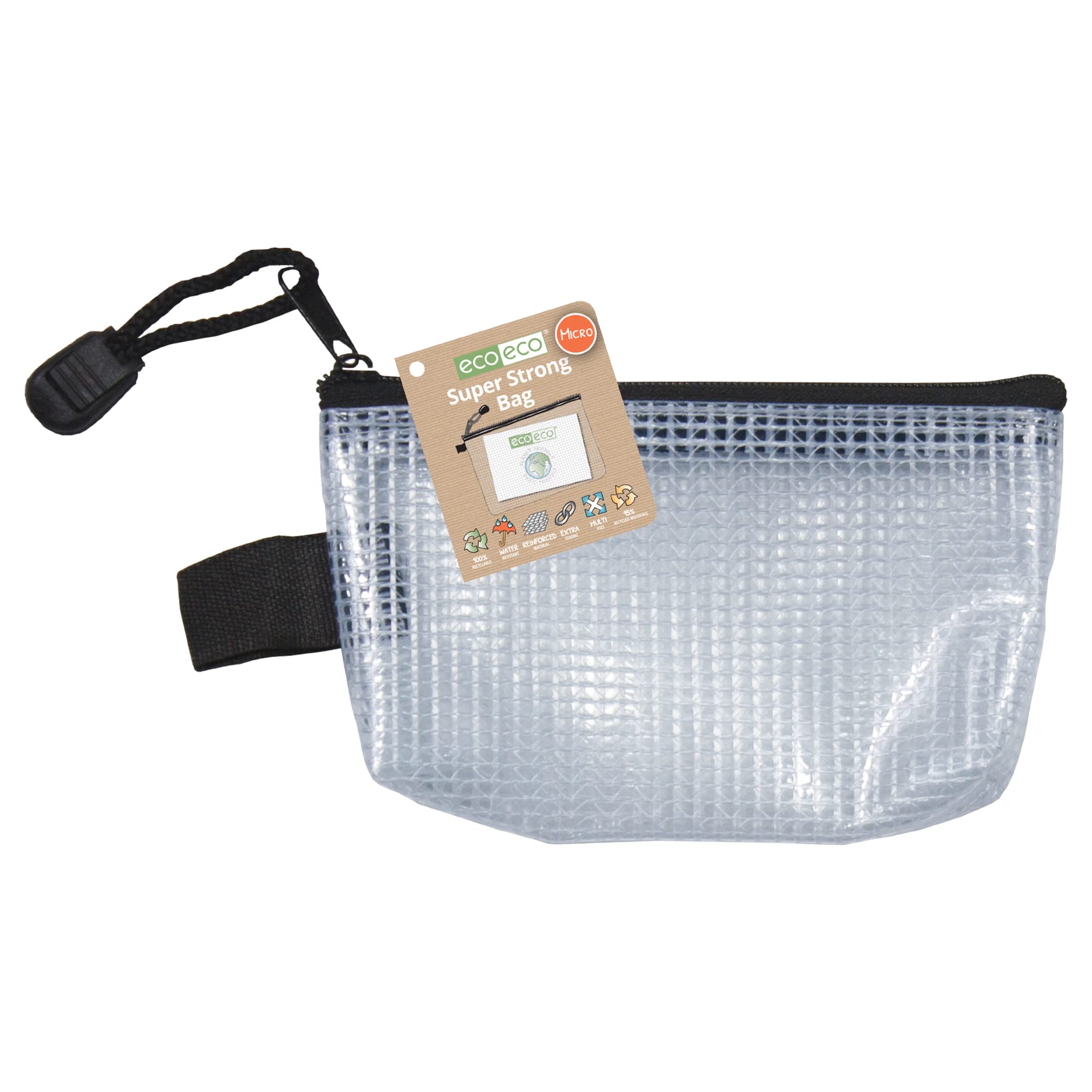 eco-eco Micro 95% Recycled Super Strong Bag, Waterproof Mesh Tuff Bag, Reinforced Black Zip Closure, 13x8cm, eco122