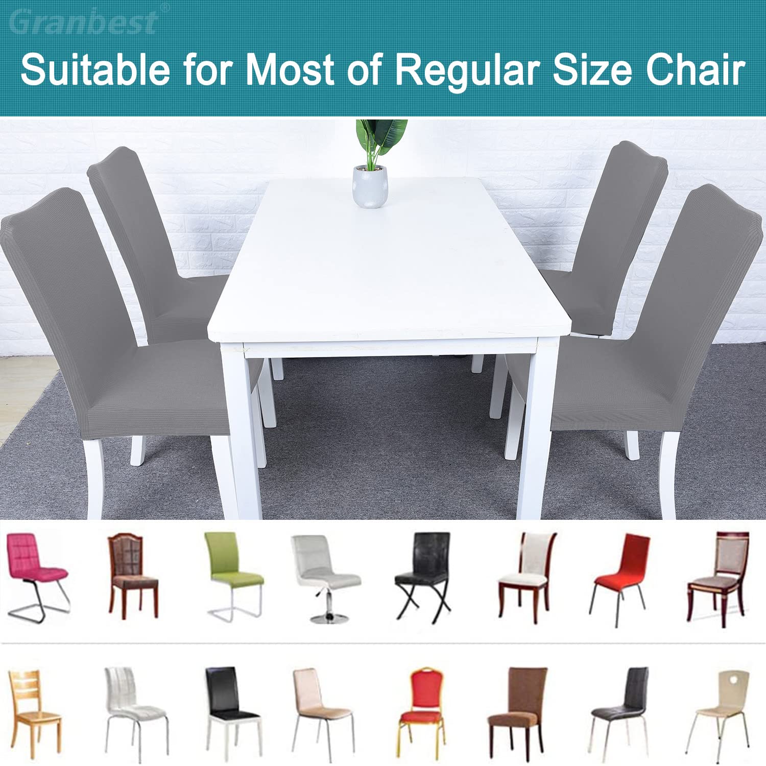 Granbest Lot de 6 housses de chaise de salle à manger à dossier haut imperméables, élastiques et lavables - Protection amovible pour chaises de salle à manger, cuisine, fête (gris clair)