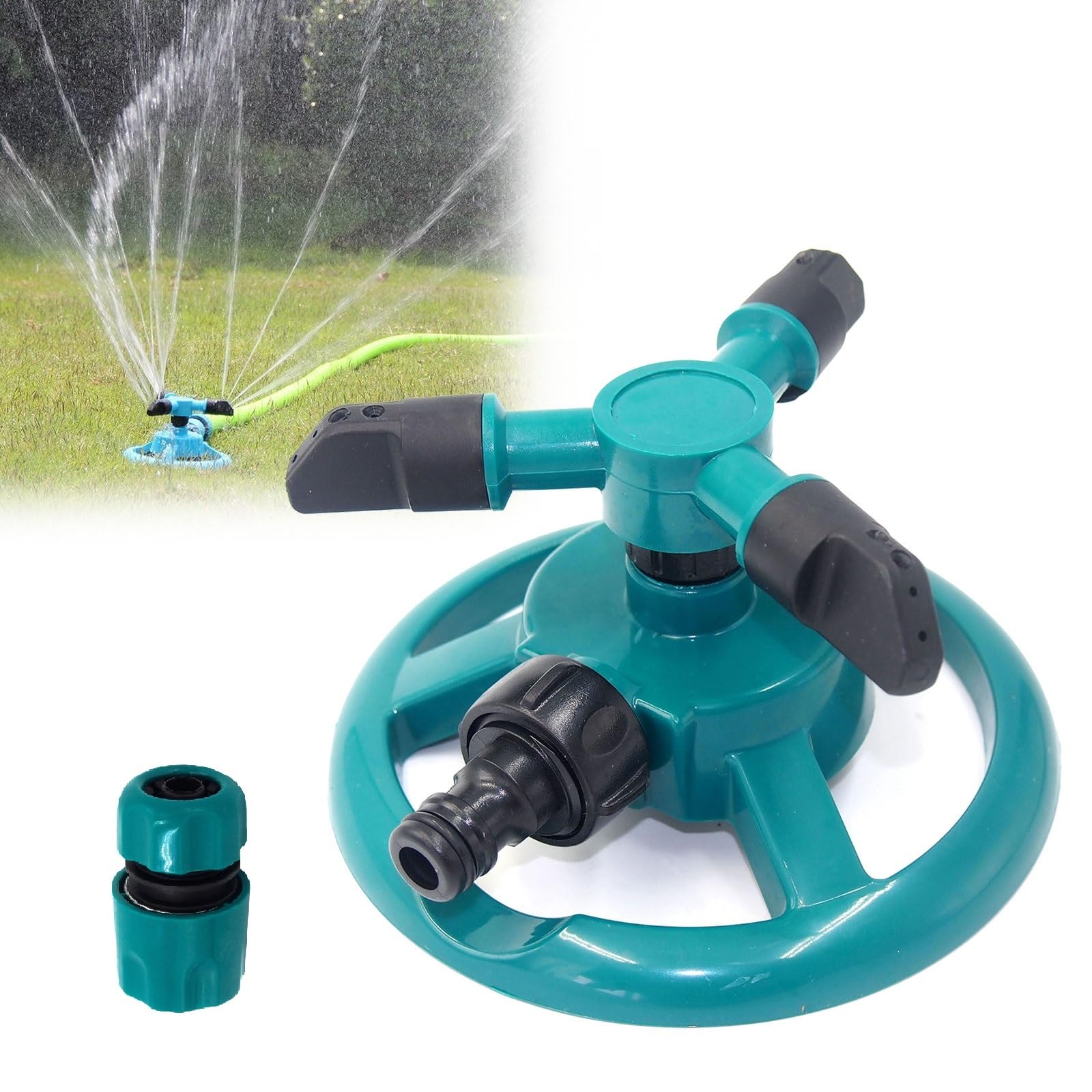 Garden Sprinkler for Lawns, Automatic Lawn Sprinkler with 3 Arms, 360° Rotating Water Sprinkler Attachment for Garden Hose, Ideal for Lawn Irrigation, Plant & Garden Watering (Green)