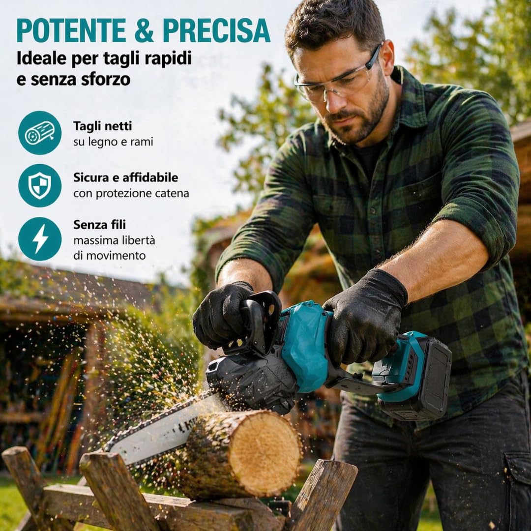 Motosega a Batteria 12” per Potatura con Oliatore, Sega Elettrica per Legno con 2 Batterie, Compatta e Portatile per Giardinaggio.