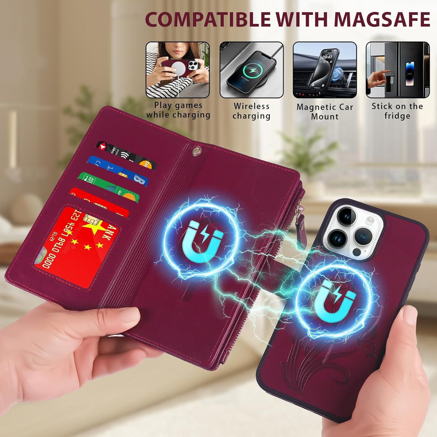 Lacass for iPhone 16 Case Wallet,Compatible with MagSafe Magnetic 2 in 1 Magnetic Detachable PU Leather RFID Blocking Wallet Cover Card Holder Zipper Wrist Strap Lanyard,Floral Wine Red - Image 2