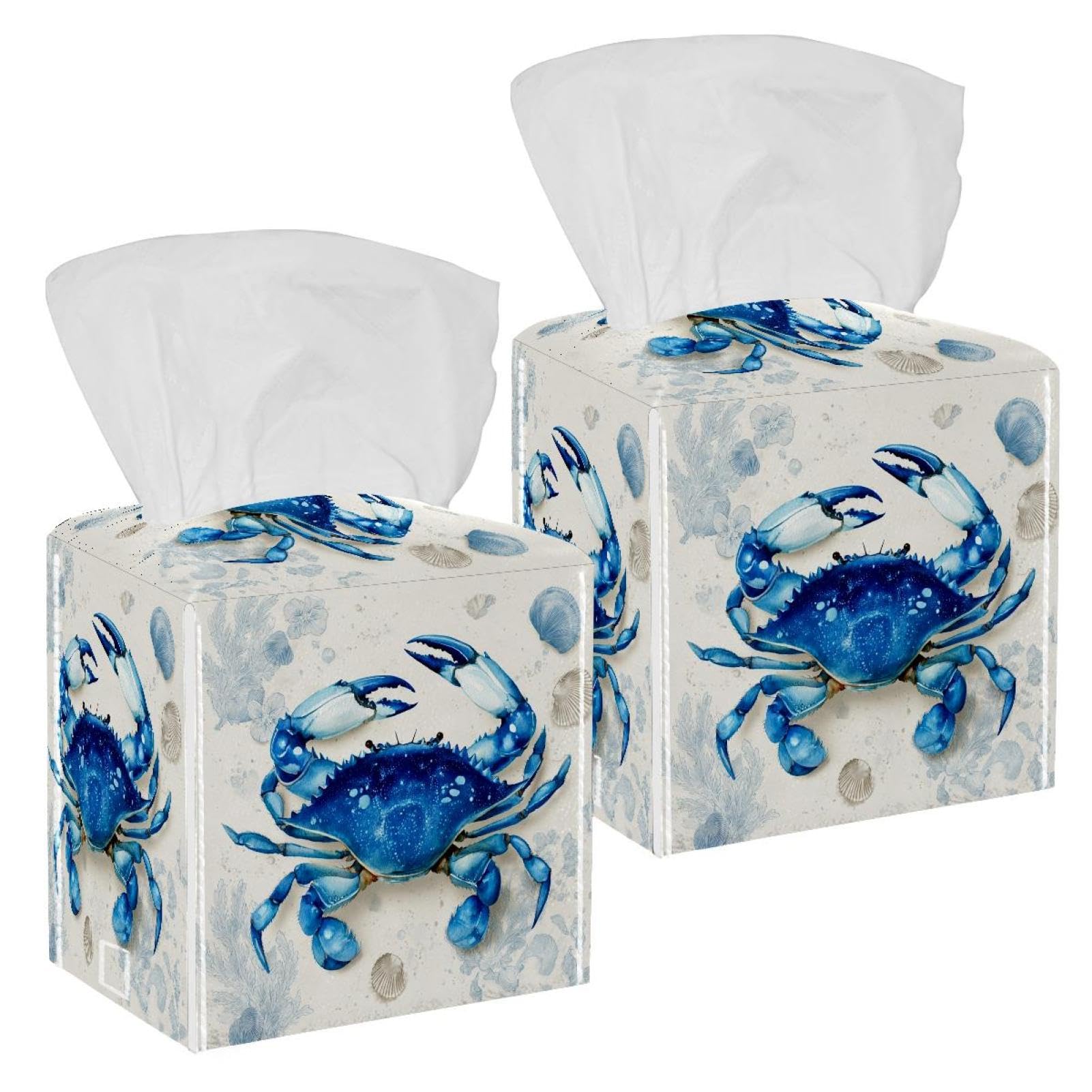 Blue Crab Tissue Box Cover, 2 Pack PU Leather Square Facial Tissue Dispenser Box holder for Home Office Car
