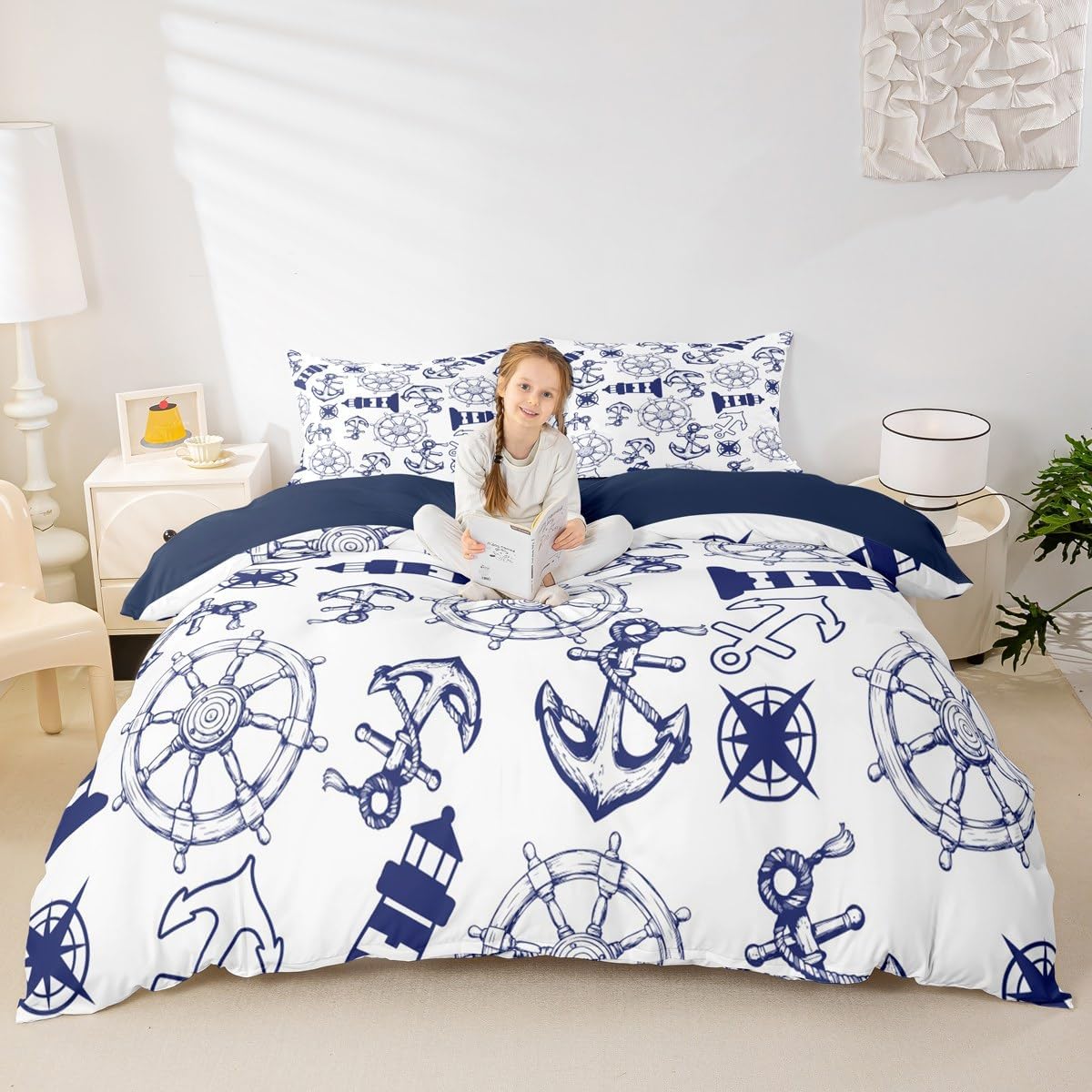 jejeloiu Kids Nautical Bedding Set Toddler Size, Anchor Duvet Cover Boys Girls Lighthouse Comforter Cover for Compass Teens Bedroom Decor Zipper (No Comforter)