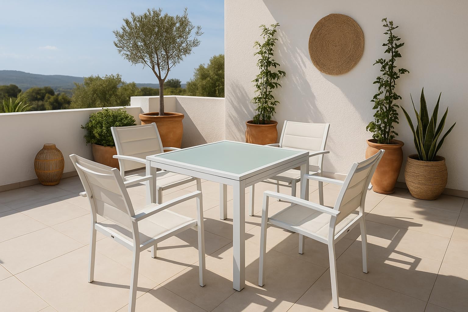 MOMMA HOME Set Mesa Extensible y 4 sillas terraza, Conjunto Muebles Jardín Exterior 5 Piezas, Estructura de Aluminio, Mesa y Sillas Terraza Impermeables, Resistentes a Exterior (Blanco)