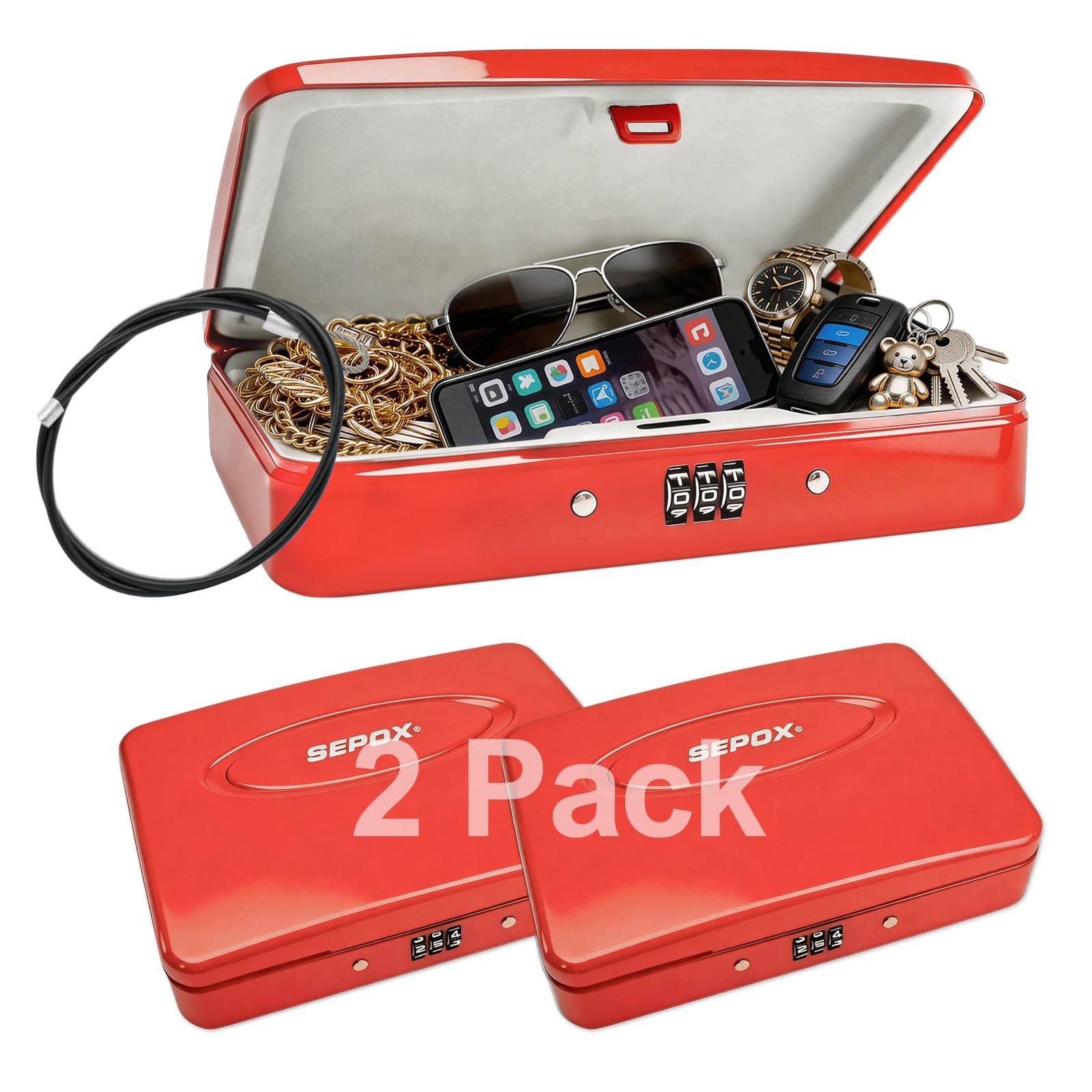 SEPOX® Twins - Cassetta di sicurezza portatile in acciaio, per piccoli oggetti, con cavo da 9 m e serratura a combinazione richiudibile, per dormitorio, auto, sport, ufficio (rosso)