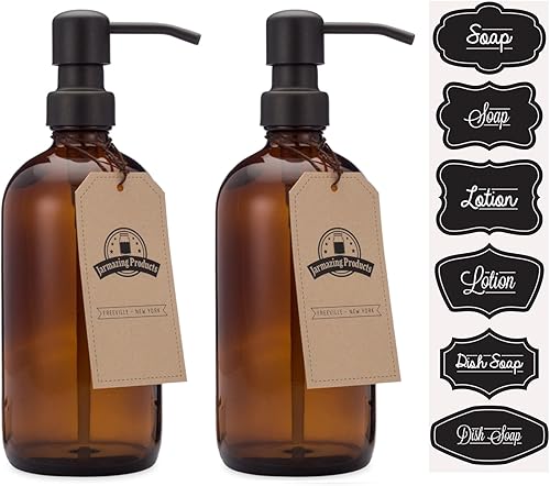 Jarmazing Products Dispensador de jabón y loción en tarro de vidrio ámbar, paquete de 2 unidades, con bomba negra mate, 16 onzas