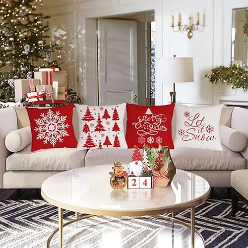 Miniatura 7 de YeeJu Juego de 4 fundas de almohada decorativas con diseño de Feliz Navidad, Navidad, vacaciones, terciopelo, fundas de almohada de copos de nieve,