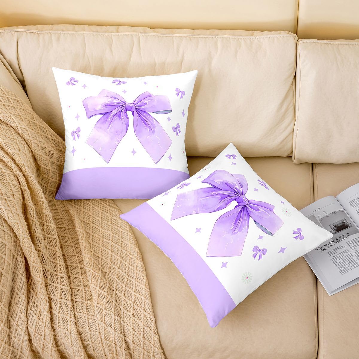 Homemissing Juego de 4 fundas de almohada decorativas con lazo, fundas de cojín kawaii para sofá, cama, bonito lazo dorado, decoración del hogar, 45 x 45 cm