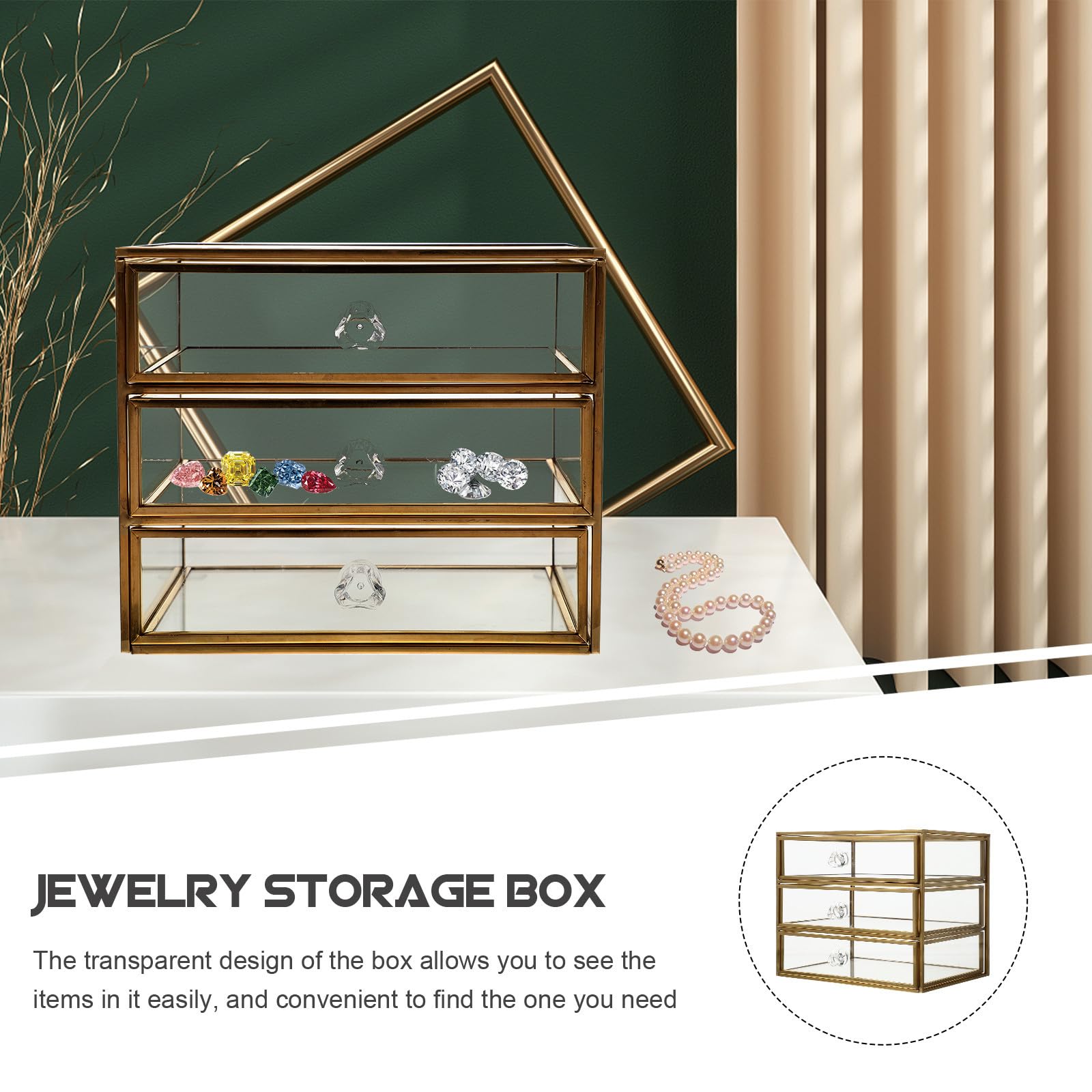 Estuche de Almacenamiento de Maquillaje Estructura de Aleación y Vidrio Diseño Transparente 3 Niveles Cajones Dorado para Joyas y Cosméticos