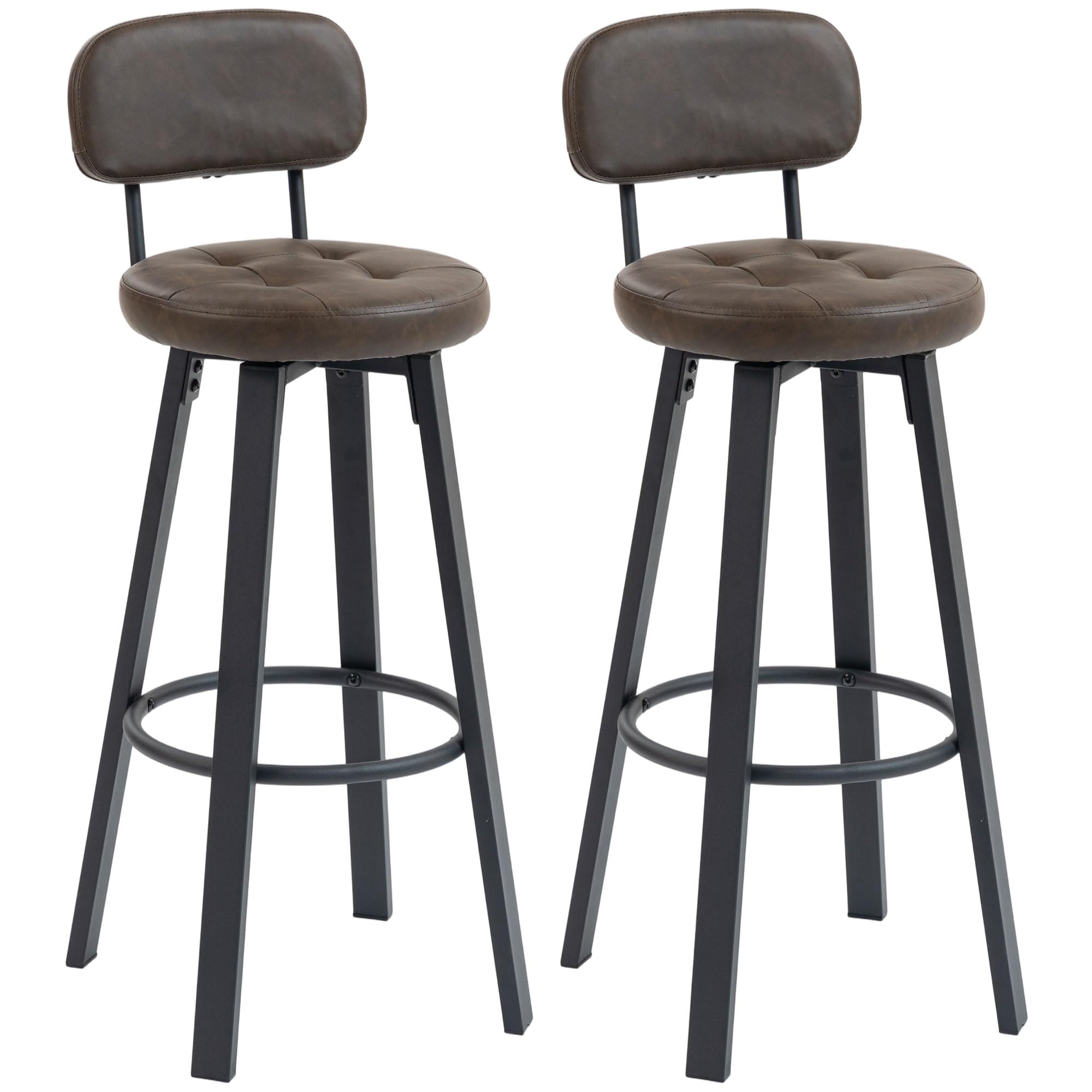 HOMCOM Juego de 2 Taburetes de Bar, Taburetes Altos de Cocina Giratorios, Tapizados de PU, con Respaldo, Marco de Metal, Reposapiés, Asiento de 76,5 cm de Altura, Marrón Oscuro
