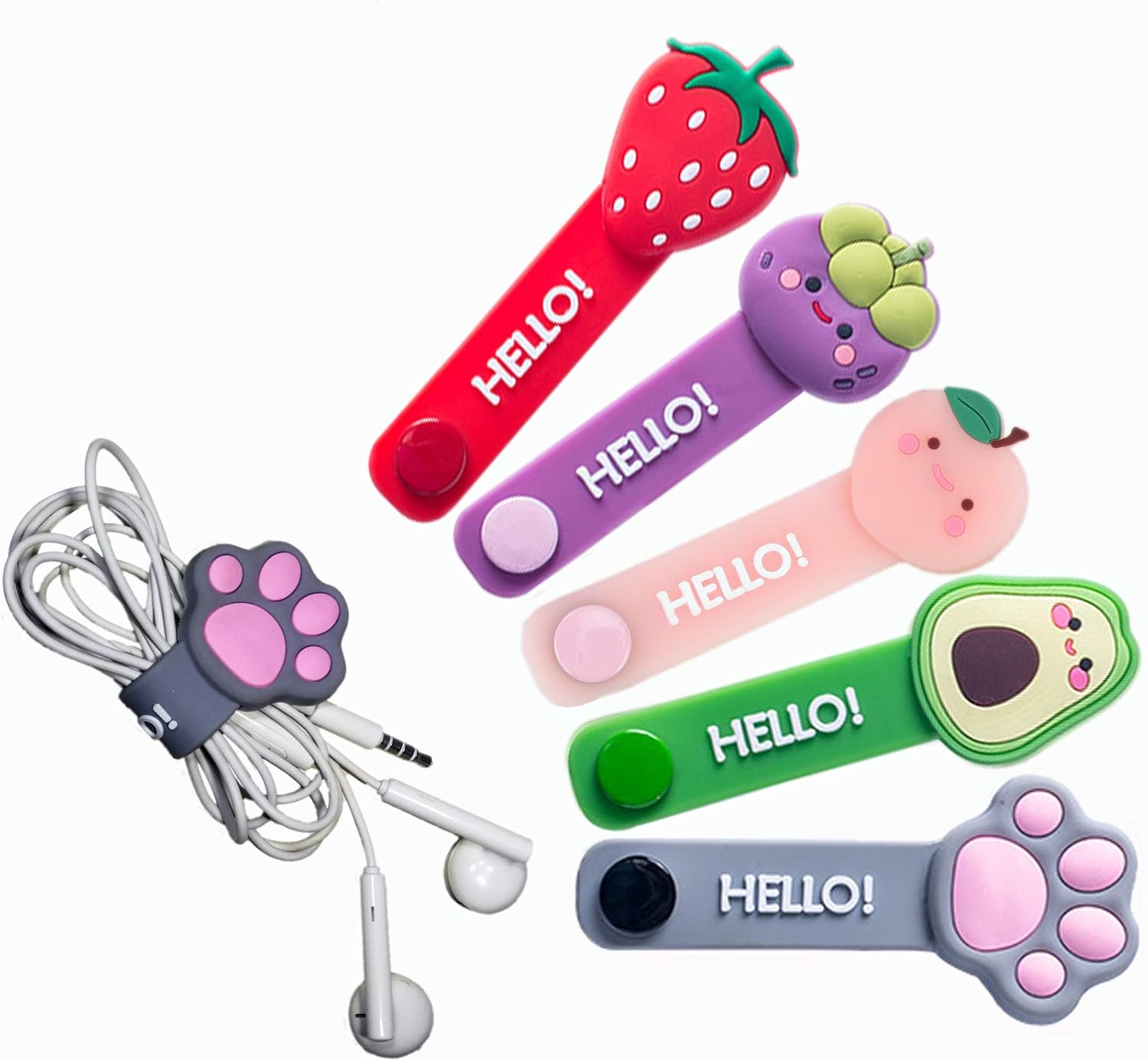 Earphone Cable Ties,Cord Winder,Strap Winder,Cord Organizer,Cable Straps, Cord Management,Cartoon Headphone Wire Ties,Wrap Winder, Fruit Shape Cable Management, USB Holder,Earphone Organizer, 5pcs