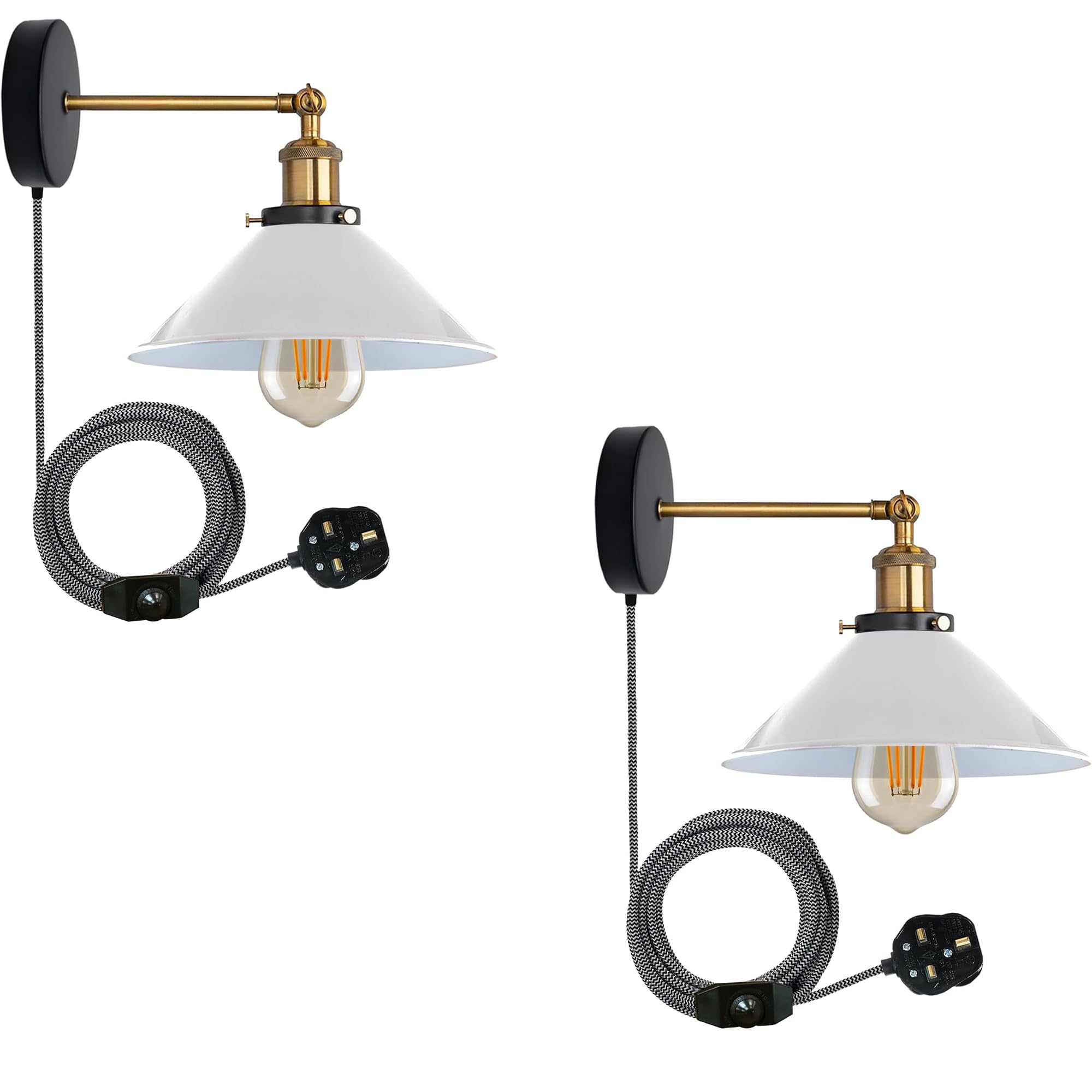 LEDSone Retro Industrial Wall Light Plug in Wall Lamp Metal Cone Shape Shade Indoor Light Fitting with Dimmer Switch for Bedroom Hallway Restaurants (White 2 Pack, with Bulb)