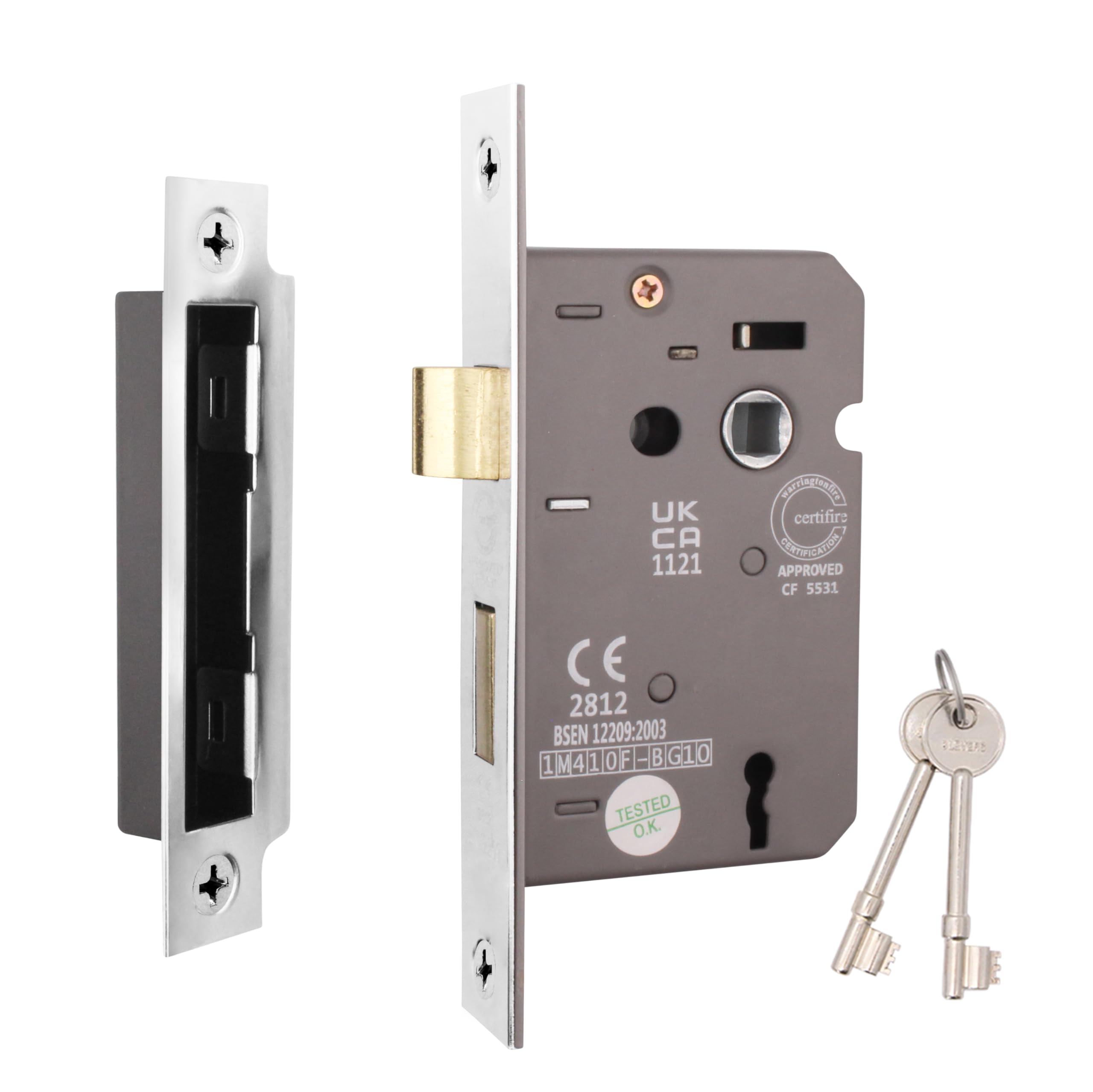 EAI Polished Chrome Sashlock - Fire Rated & CE Approved Mortice Door Lock & Keys 80mm / 3 Inch
