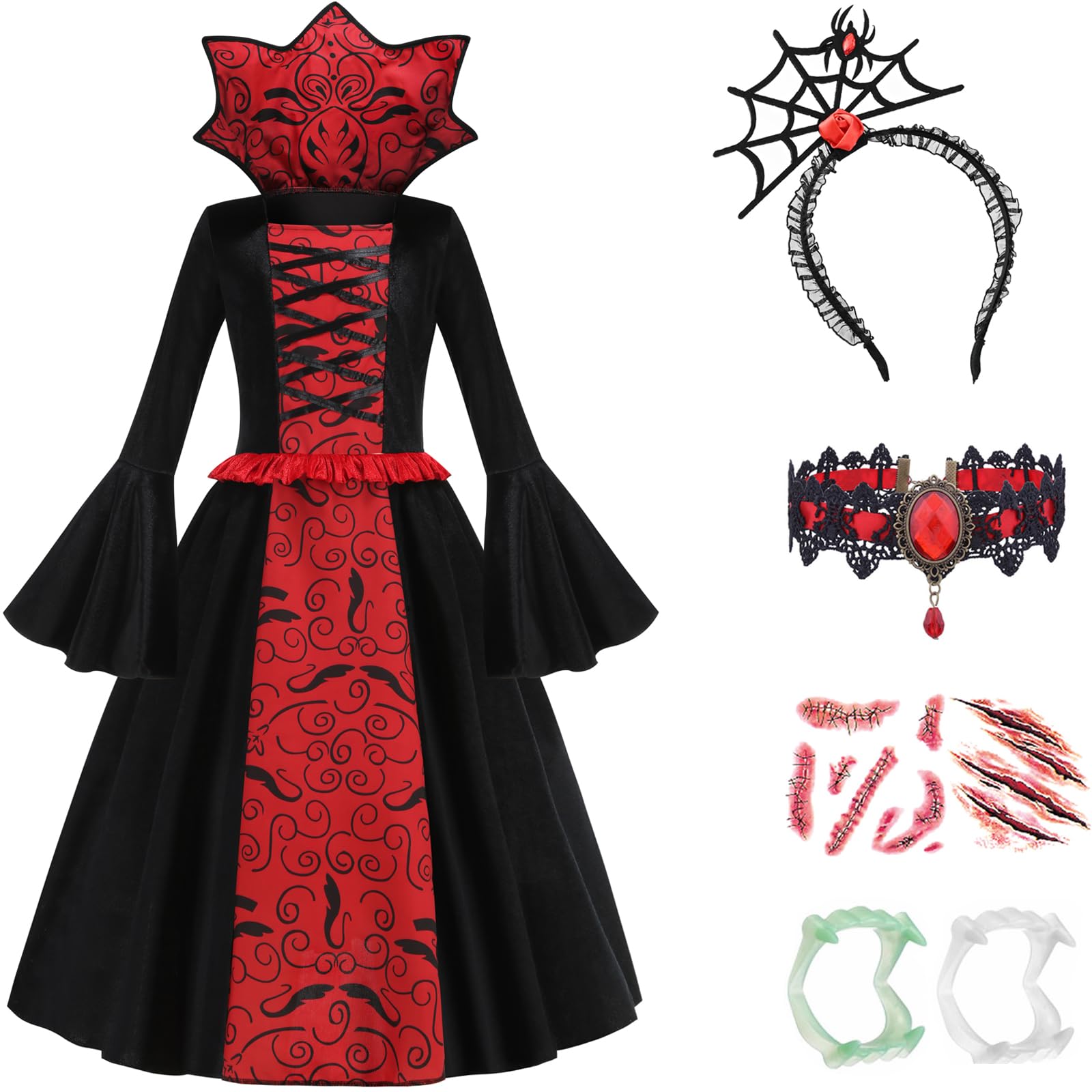 Déguisement Vampire Fille Médiéval - Robe Manches Longues Avec Accessoires (bandeau, Collier, Dentier) - Pour Halloween, Carnaval, 5-14 Ans
