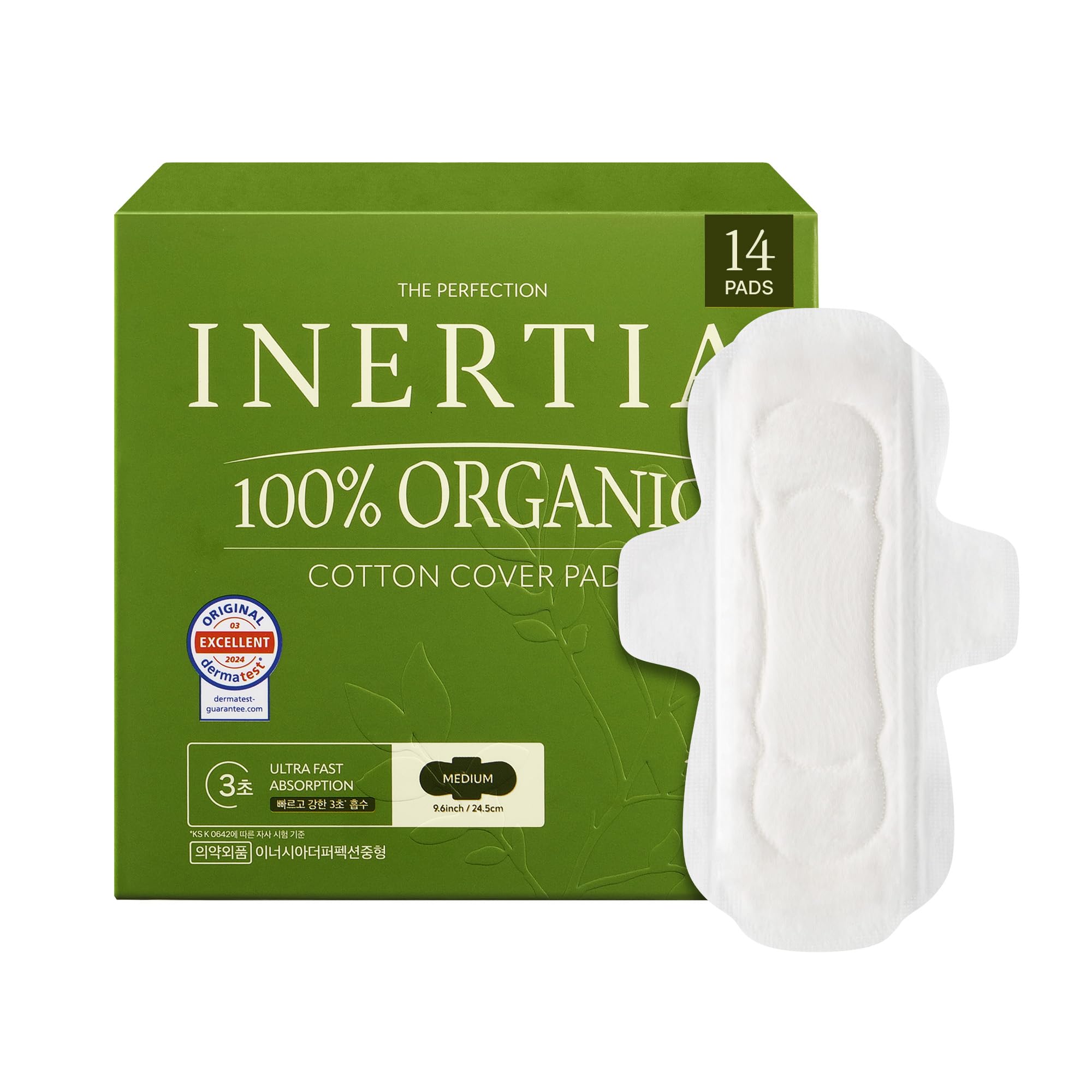 INERTIA The Perfection Green – 100% Organic Cotton Korean Pads with Wings | Regular Absorbency | Breathable Bio-Film for Fast Absorption, Leak-Proof & Hypoallergenic Period Pads for Women (14 Count)