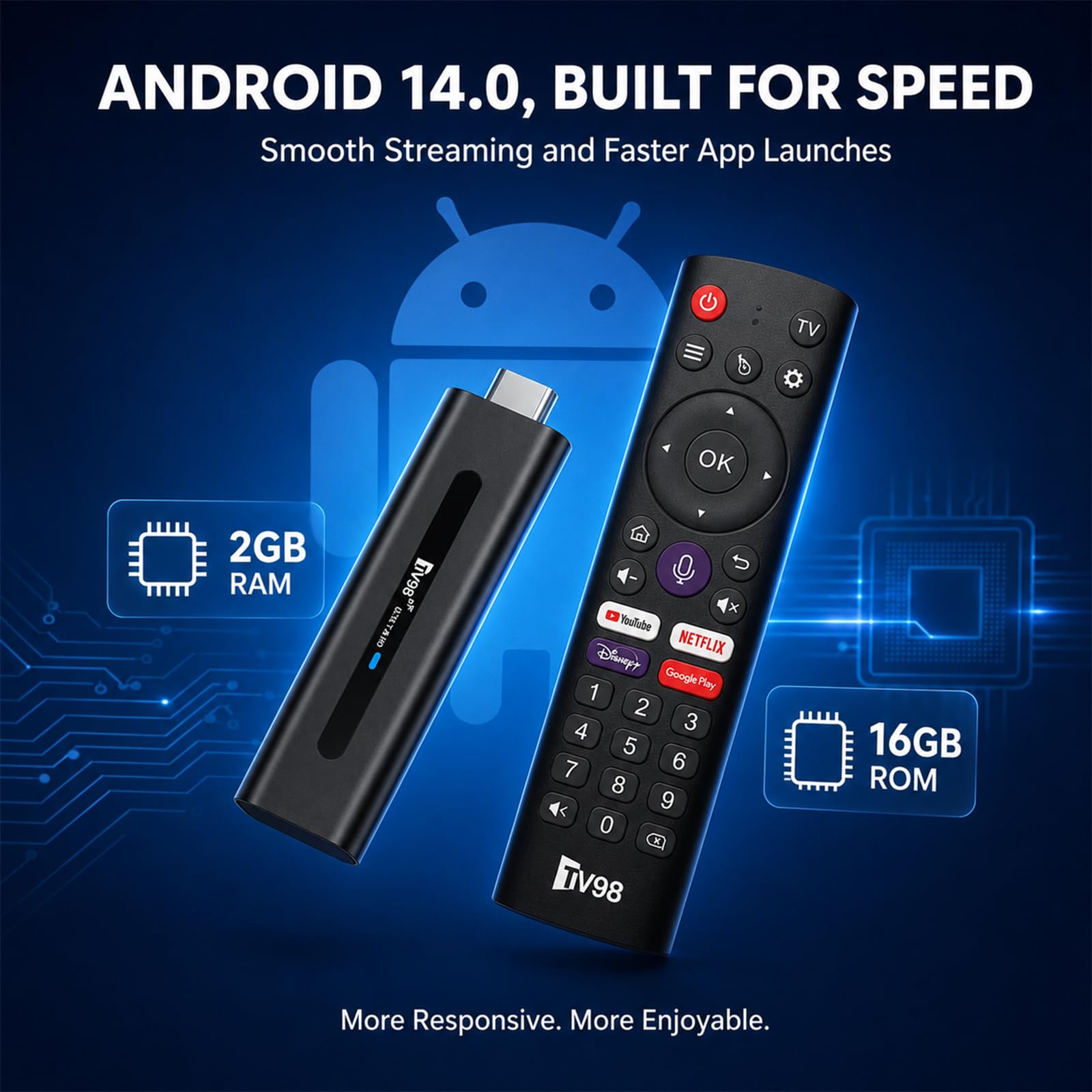 8K UHD Streaming Stick z 2 GB RAM 16 GB ROM | TV Stick Android 14.0, Dual WiFi 2.4G/5G, Bluetooth 5.0, sterowanie głosem do Smart TV, kina domowego i gier
