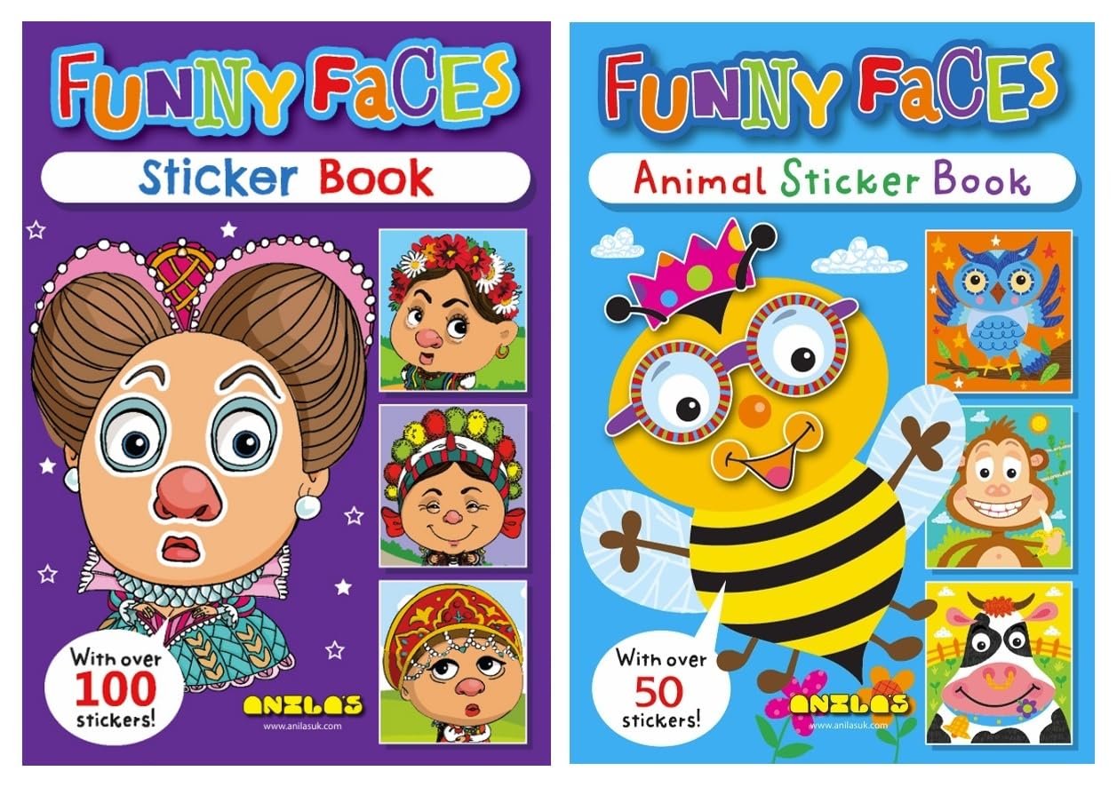 Anilas Set of 2 Books: Funny Faces Sticker Book by Anila's & Animal Funny Faces Sticker Book by Anila's. Ideal for Children Aged 3-8