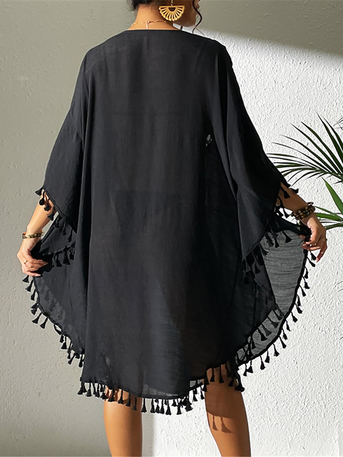 Strandkleid Fringe Tassel Embroidery Half Sleeve Tunic Beach Cover Up Cover-ups Long Beach Dress Beach Wear Beachwear Female Women Strandkleider(Orange)