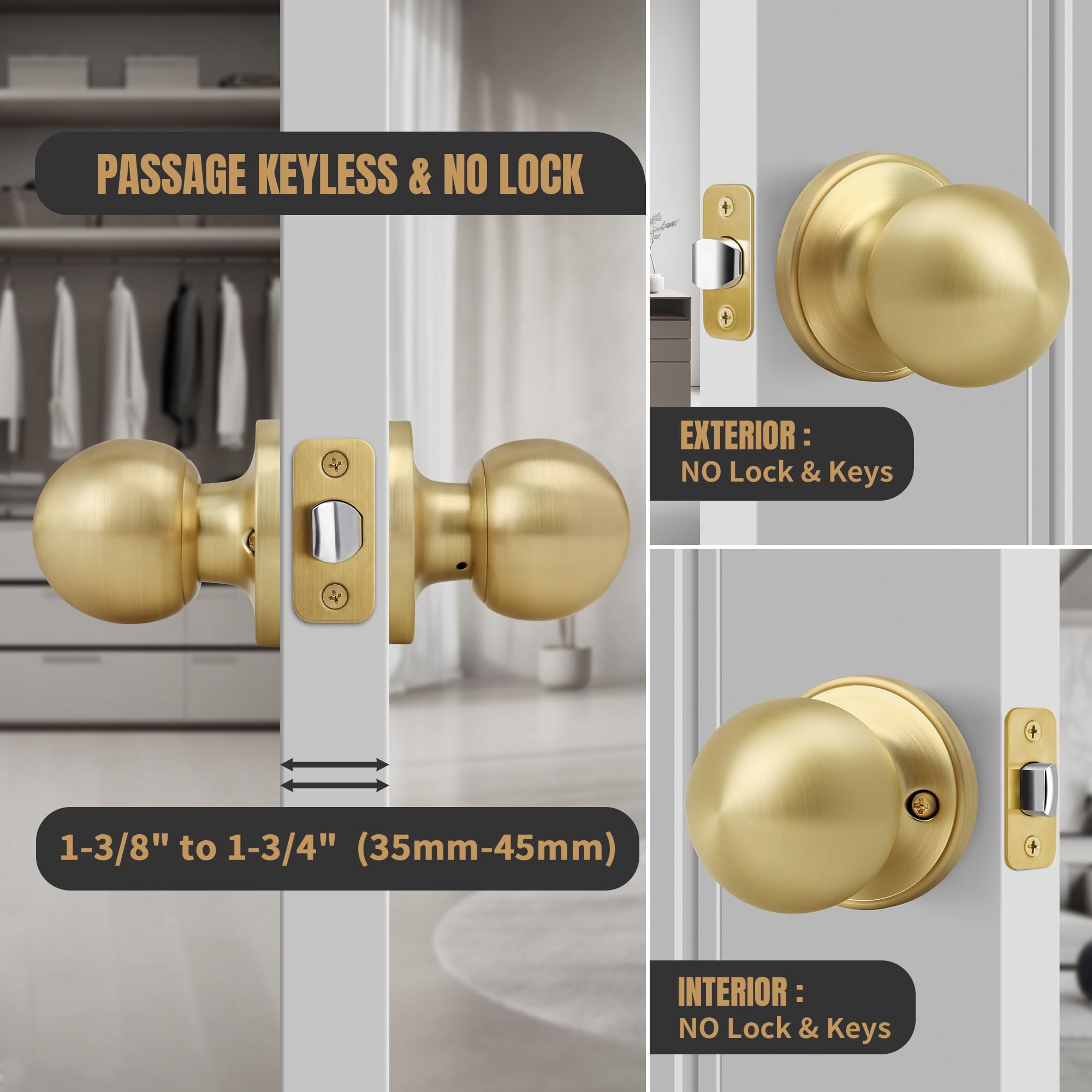 Satin Brass Passage Door Knob - Non-Locking Design -3