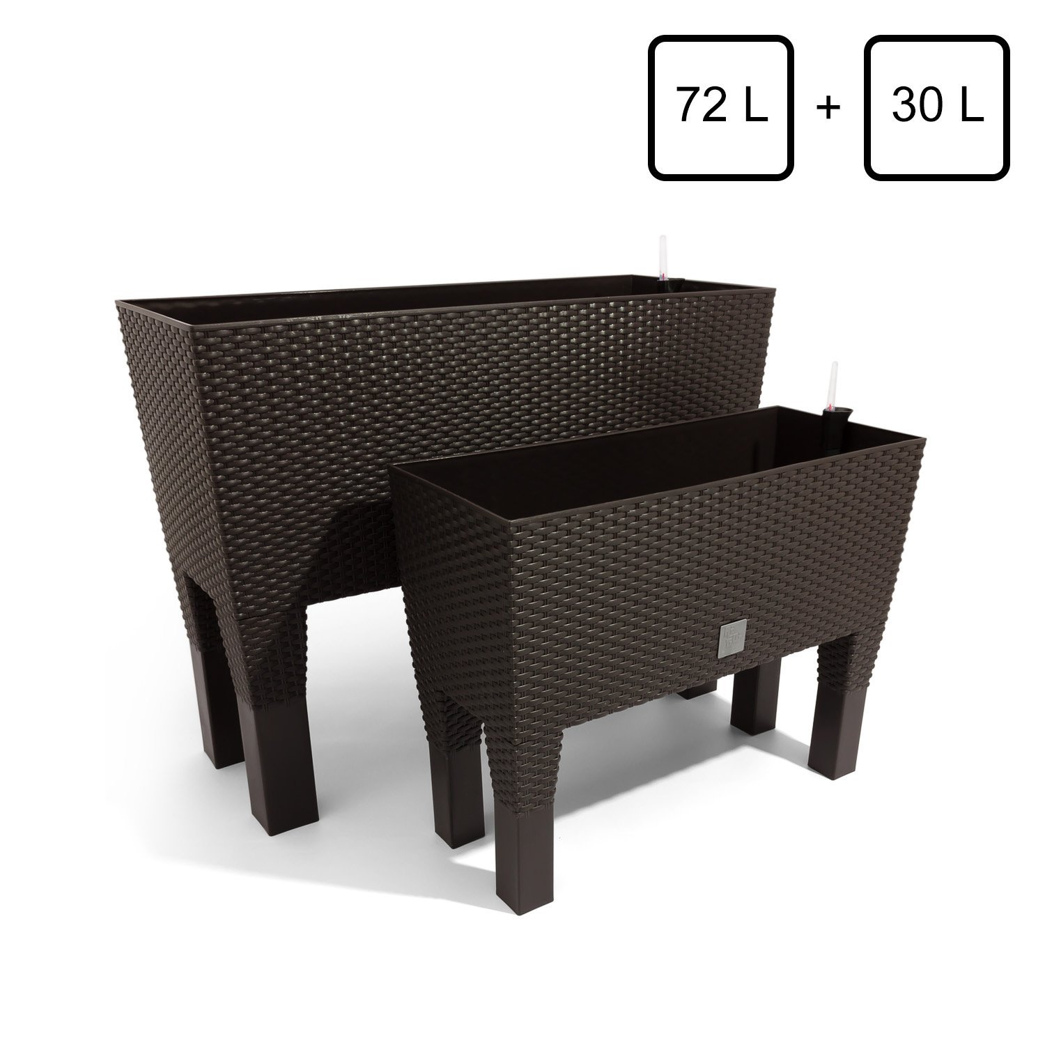 Lot de 2 30L 72L Pot Jardinière avec système de bewässe Run pieds effet rotin Pot de fleurs Marron