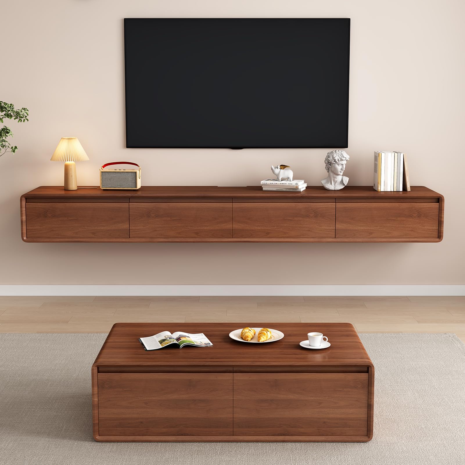Schwebende TV-Einheit – Wandmontierte Medienkonsole mit 2 Klapptüren und 2 Schubladen, Entertainment-Center, TV-Schrank, Video-Regal für Zuhause (Walnuss, 160 cm)
