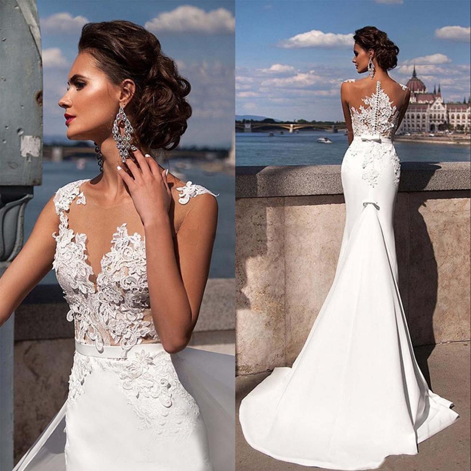 Abito da Sposa con Scollo a V delle Donne, Senza Maniche in Pizzo Abito da Sera, Bianco, 20 Large Sizes